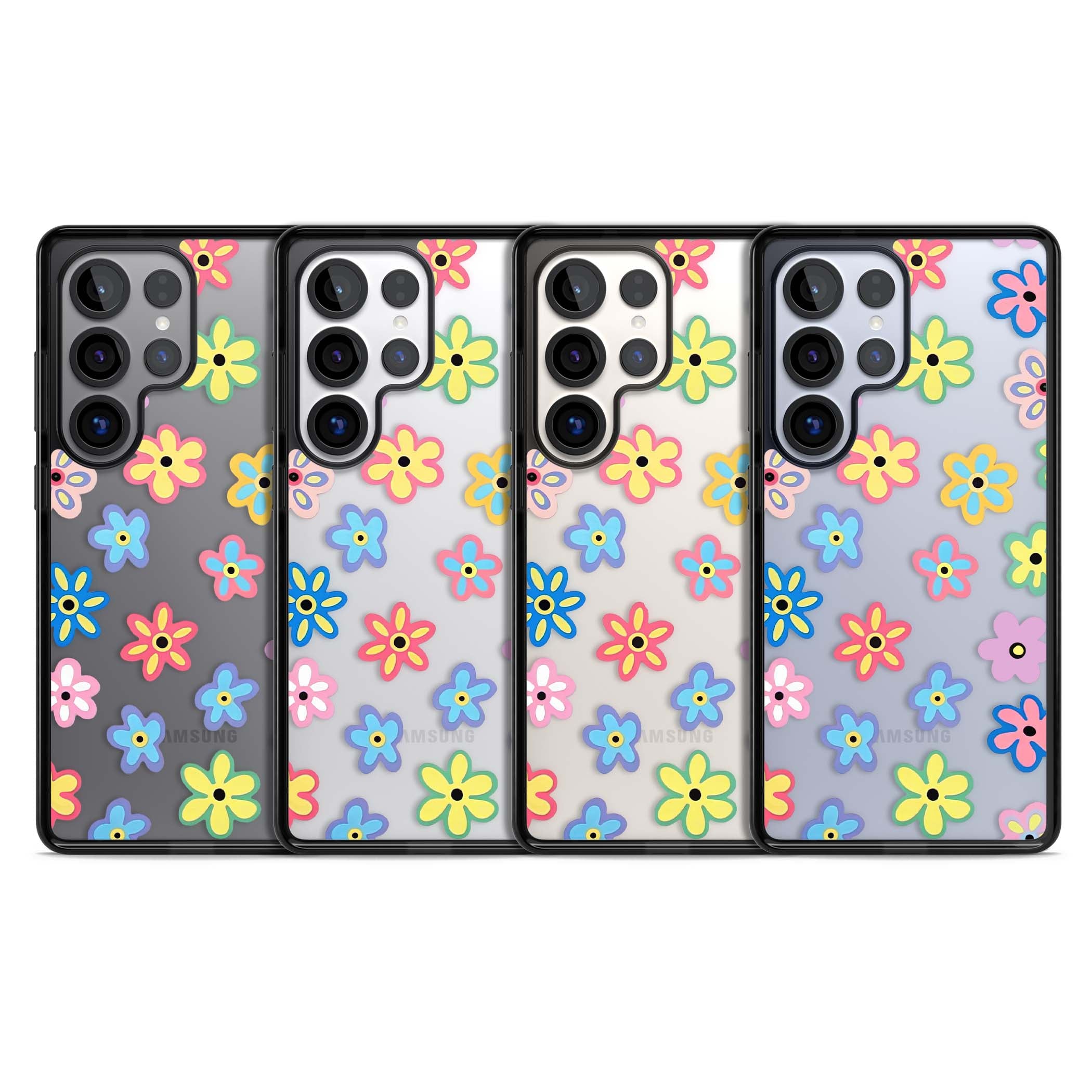 Bloom Pop cottagecore iPhone case featuring multicolor pastel flowers with black centers on clear background | Black Impact case for Samsung Galaxy S25 Ultra