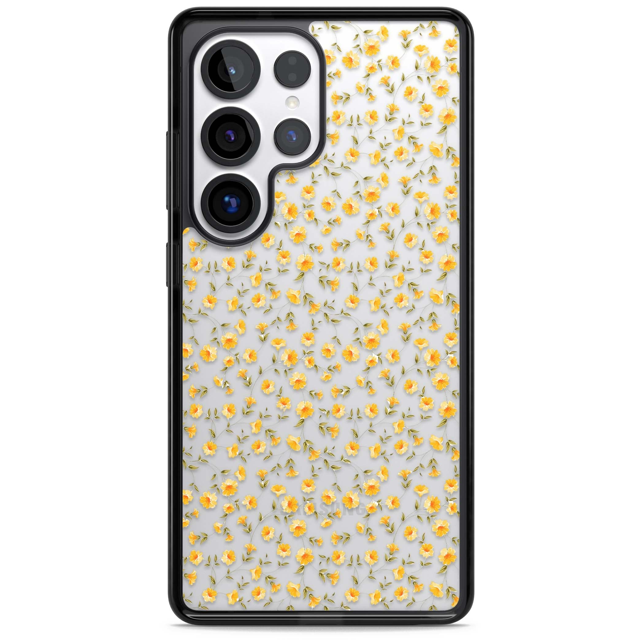 Buttercup wildflower iPhone case featuring tiny yellow flowers and trailing green vines on clear | Black Impact case for Samsung Galaxy S25 Ultra