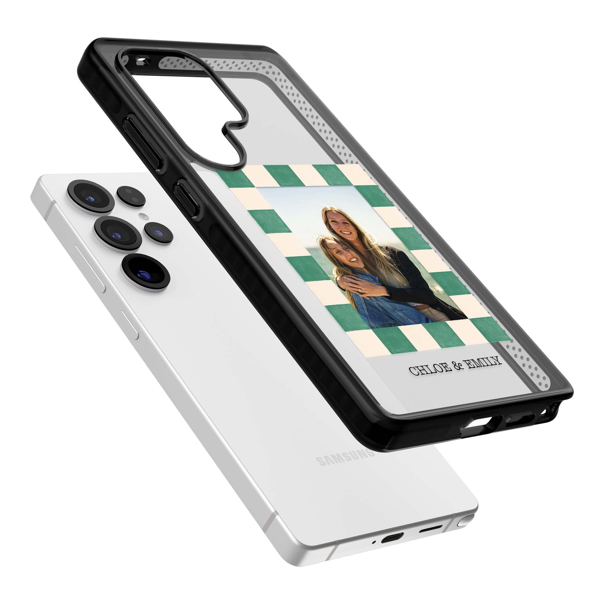 Seafoam Check Photo personalised iPhone case featuring a custom polaroid photo, green and cream checkered frame, and custom n | Black Impact case for Samsung Galaxy S25 Ultra