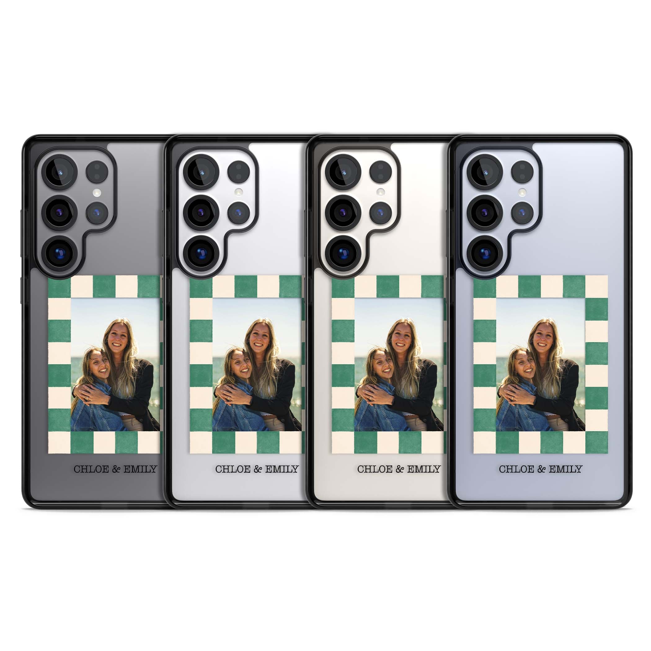 Seafoam Check Photo personalised iPhone case featuring a custom polaroid photo, green and cream checkered frame, and custom n | Black Impact case for Samsung Galaxy S25 Ultra