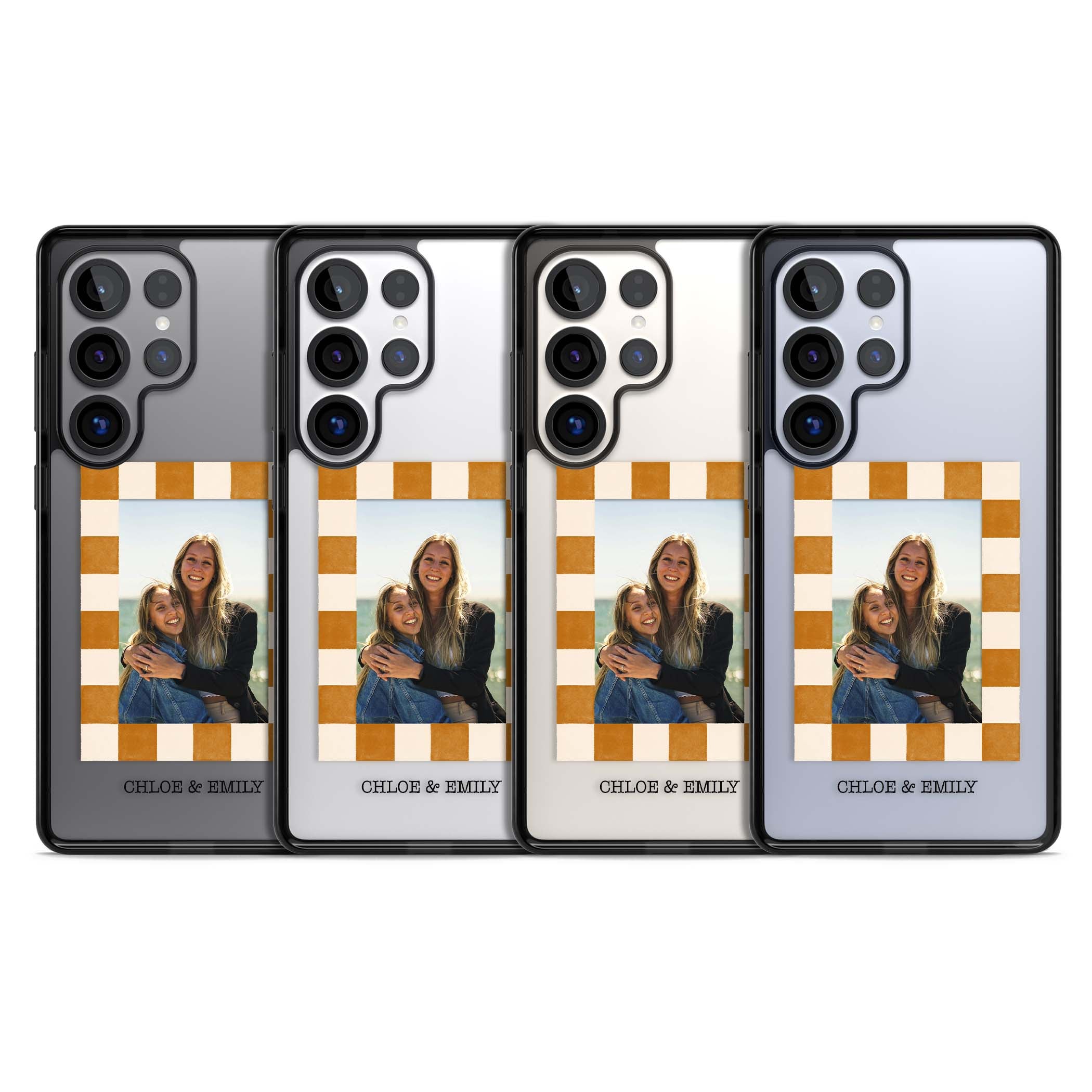 Citrus Check Photo personalised iPhone case with custom photo, orange checkered frame and names underneath | Black Impact case for Samsung Galaxy S25 Ultra