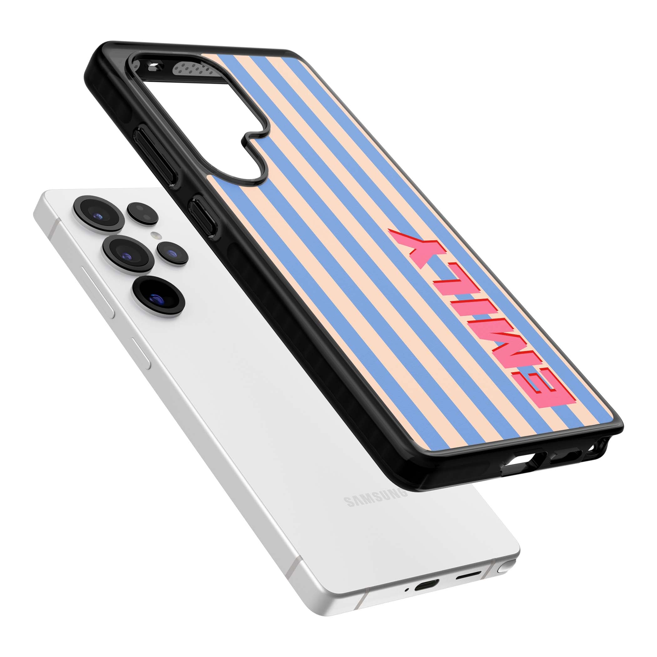 Coastal Stripe personalised coastal iPhone case with blue and peach vertical stripes and custom pink name | Black Impact case for Samsung Galaxy S25 Ultra