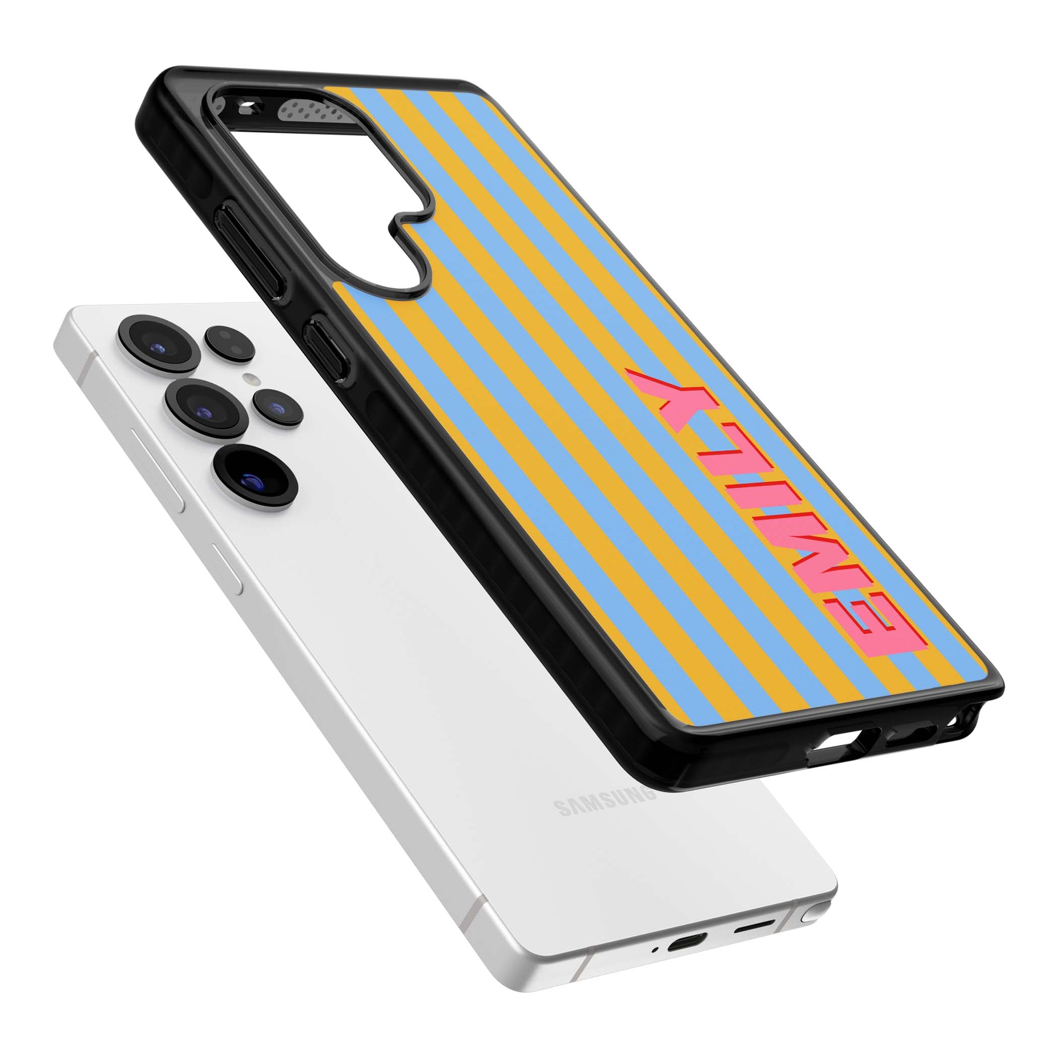 Carribean Stripe personalised coastal iPhone case with yellow and blue vertical stripes and a custom pink name | Black Impact case for Samsung Galaxy S25 Ultra