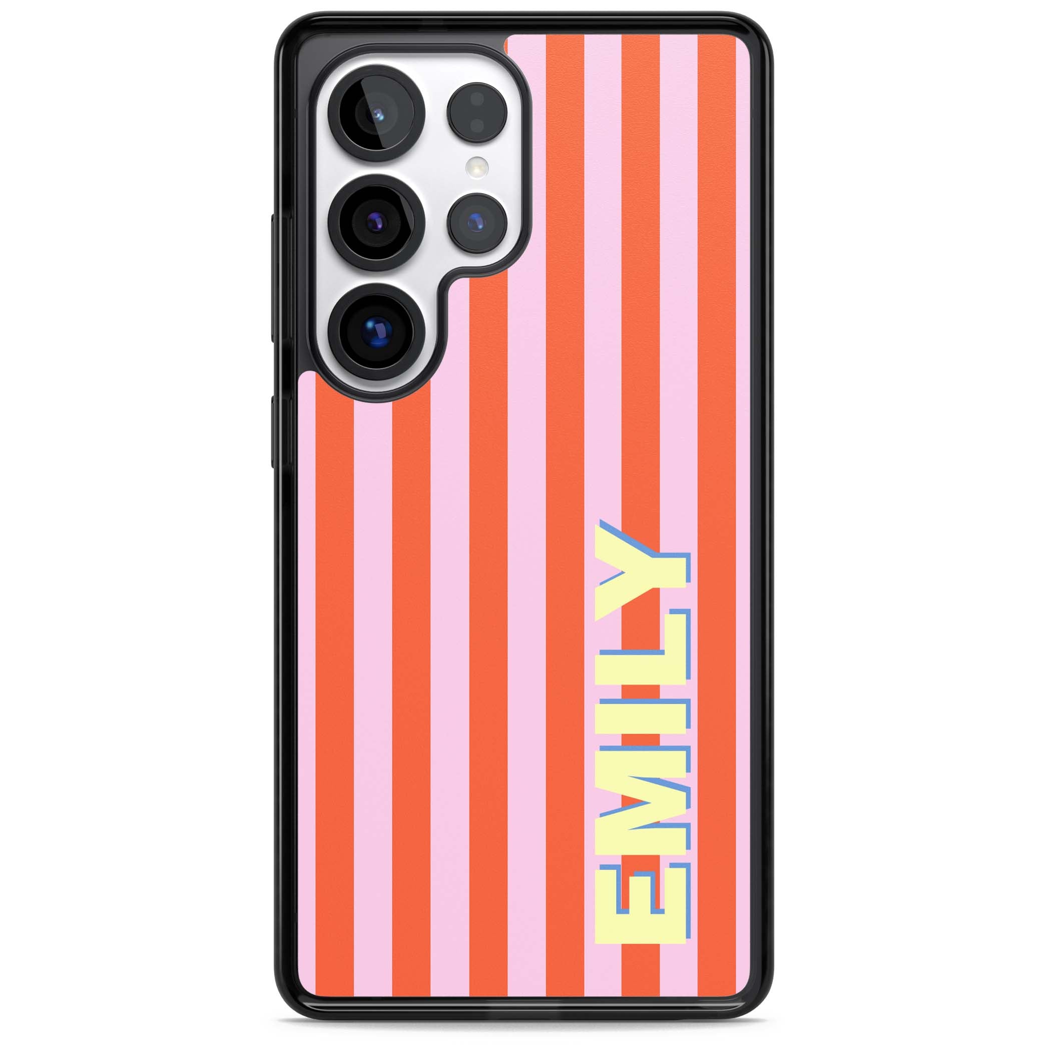 Havana Stripe personalised iPhone case featuring pink and orange vertical stripes with a custom yellow name | Black Impact case for Samsung Galaxy S25 Ultra