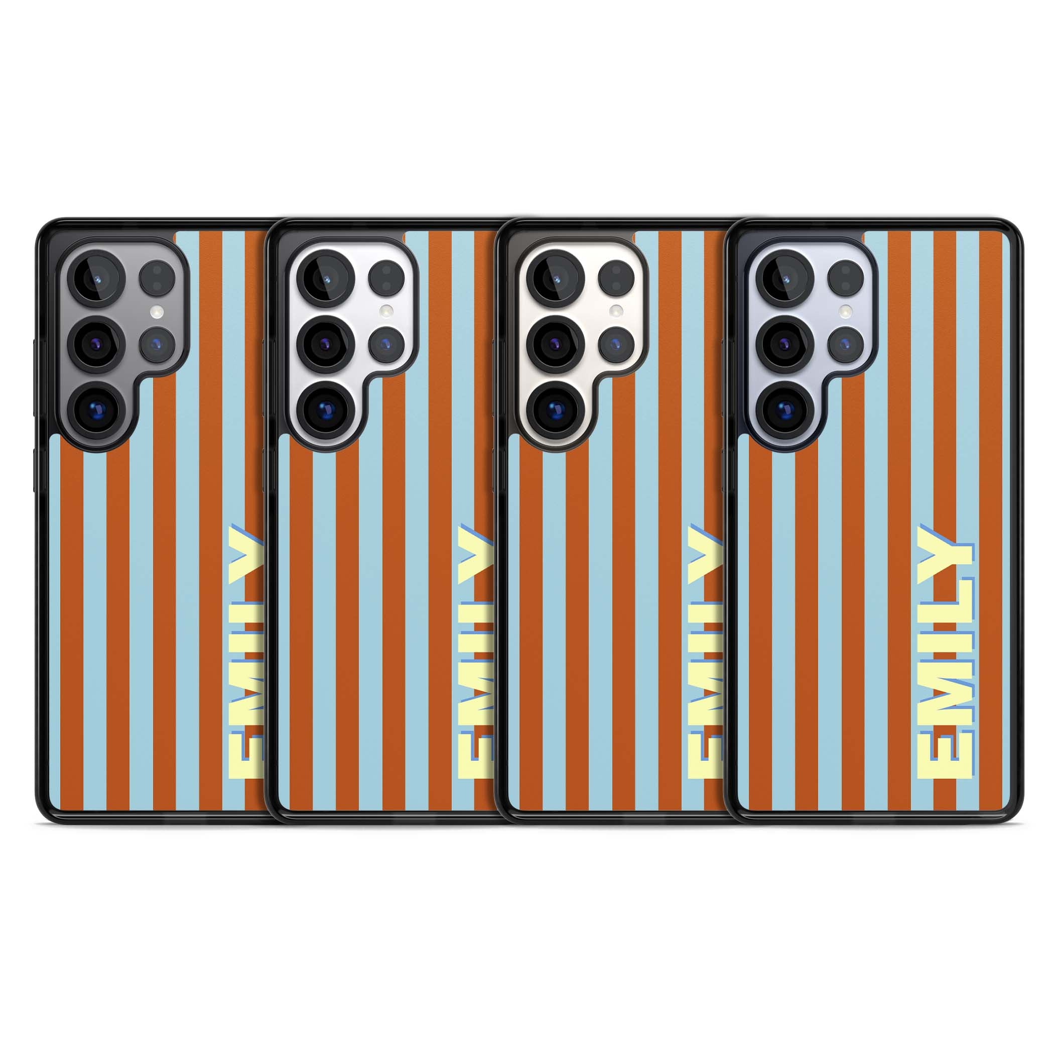 Cappadocia Stripe personalised coastal iPhone case featuring blue and orange vertical stripes with custom cream name | Black Impact case for Samsung Galaxy S25 Ultra
