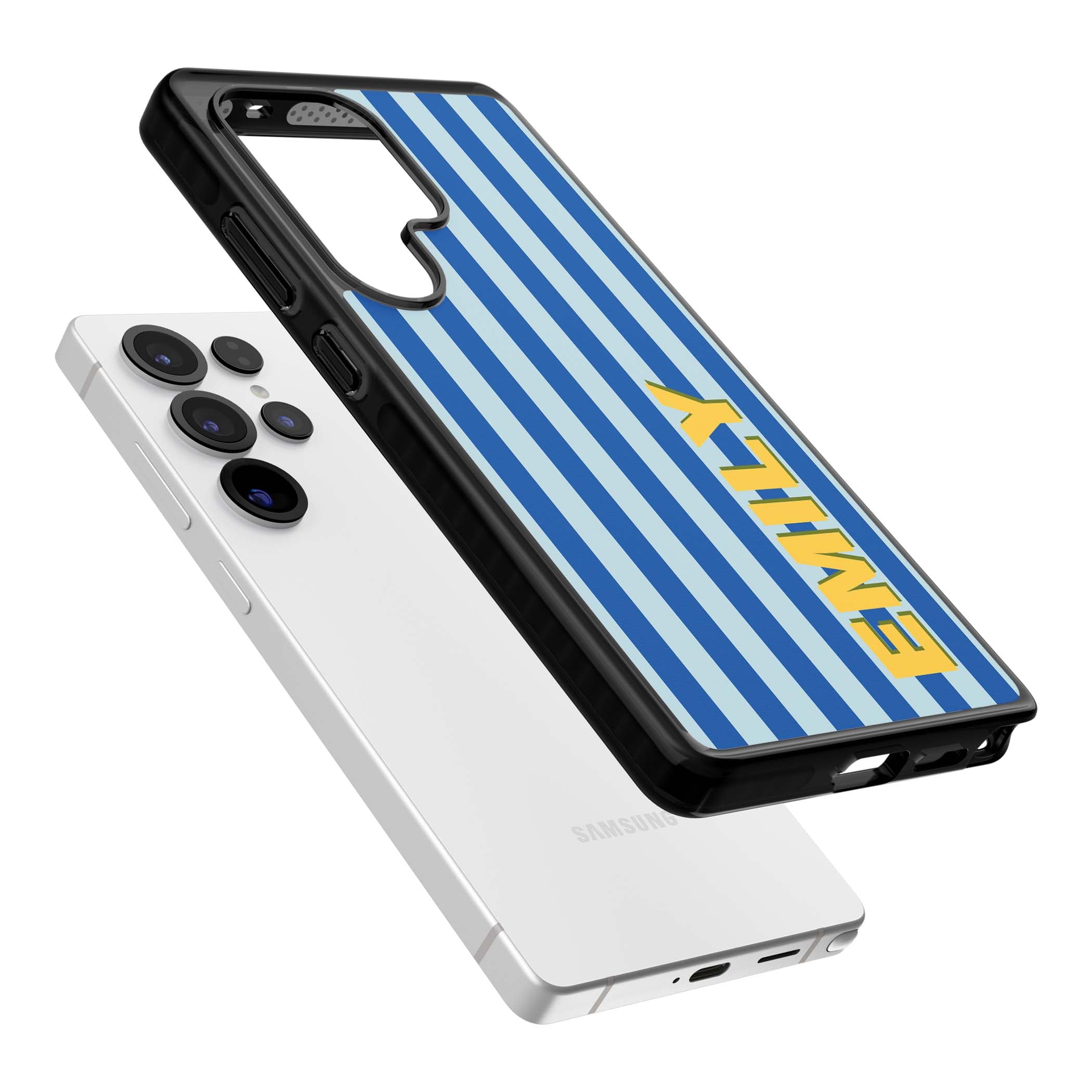 Athenian Stripe personalised preppy iPhone case featuring blue vertical stripes and a custom yellow name | Black Impact case for Samsung Galaxy S25 Ultra