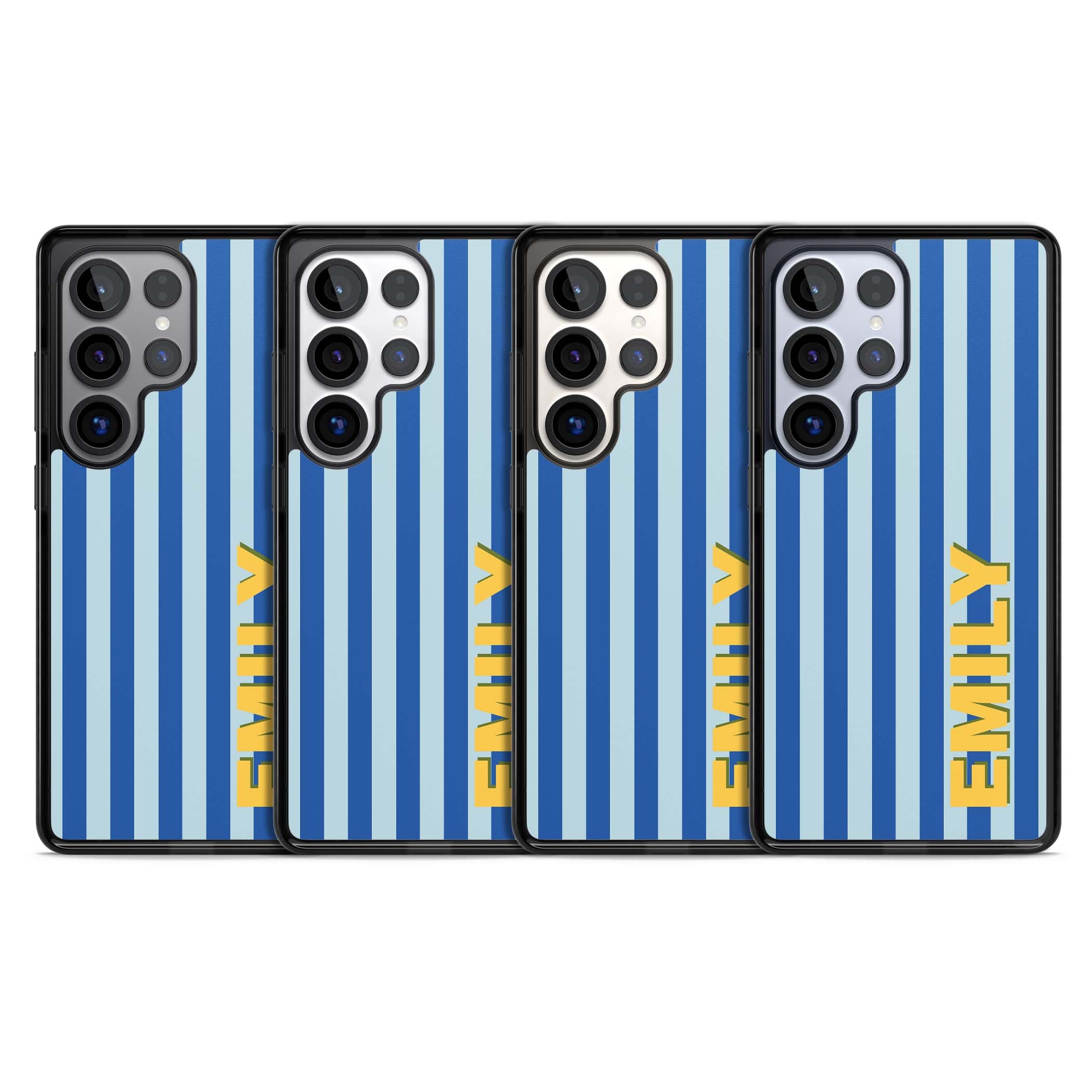Athenian Stripe personalised preppy iPhone case featuring blue vertical stripes and a custom yellow name | Black Impact case for Samsung Galaxy S25 Ultra