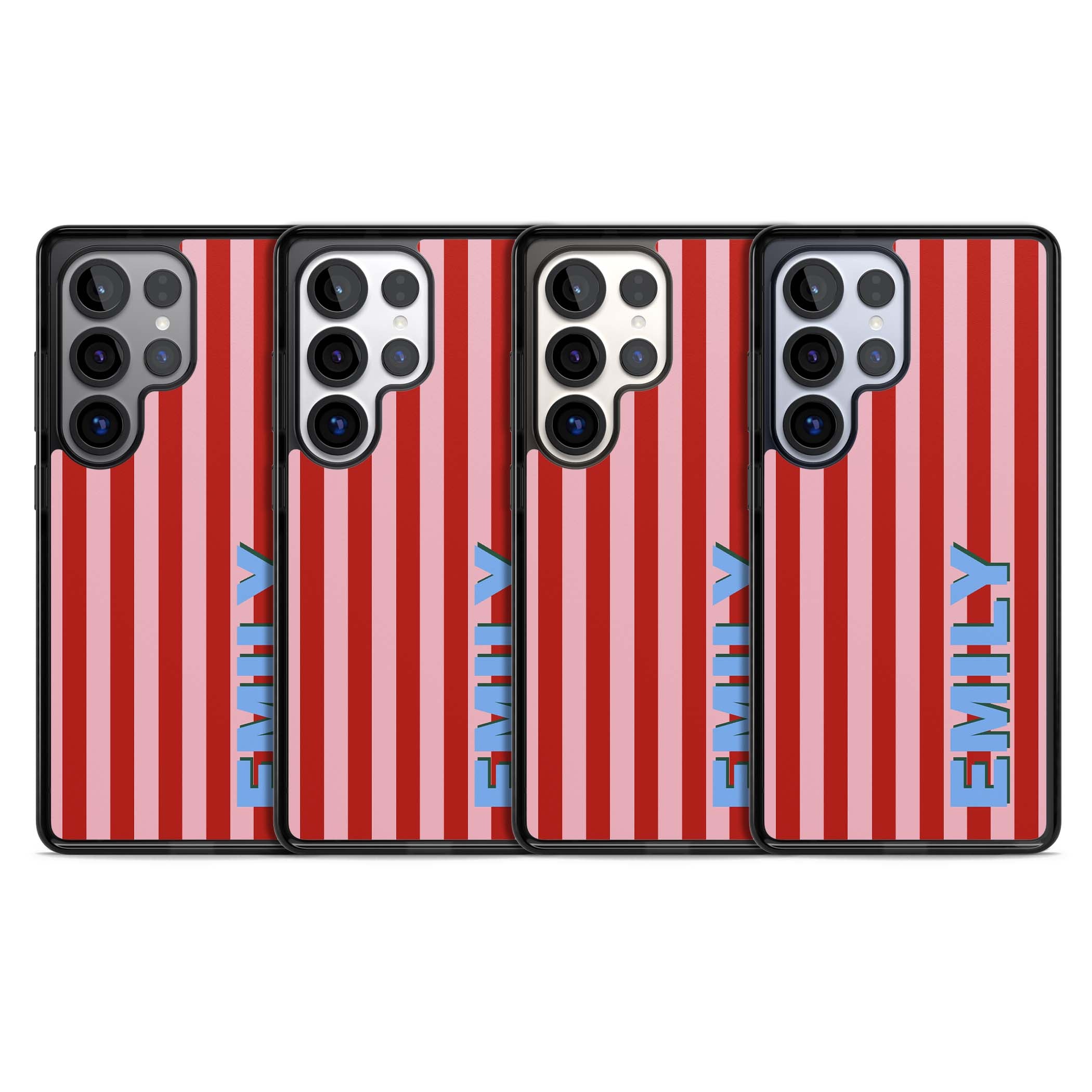 Market Stripe personalised iPhone case with red and pink vertical stripes and custom blue name | Black Impact case for Samsung Galaxy S25 Ultra