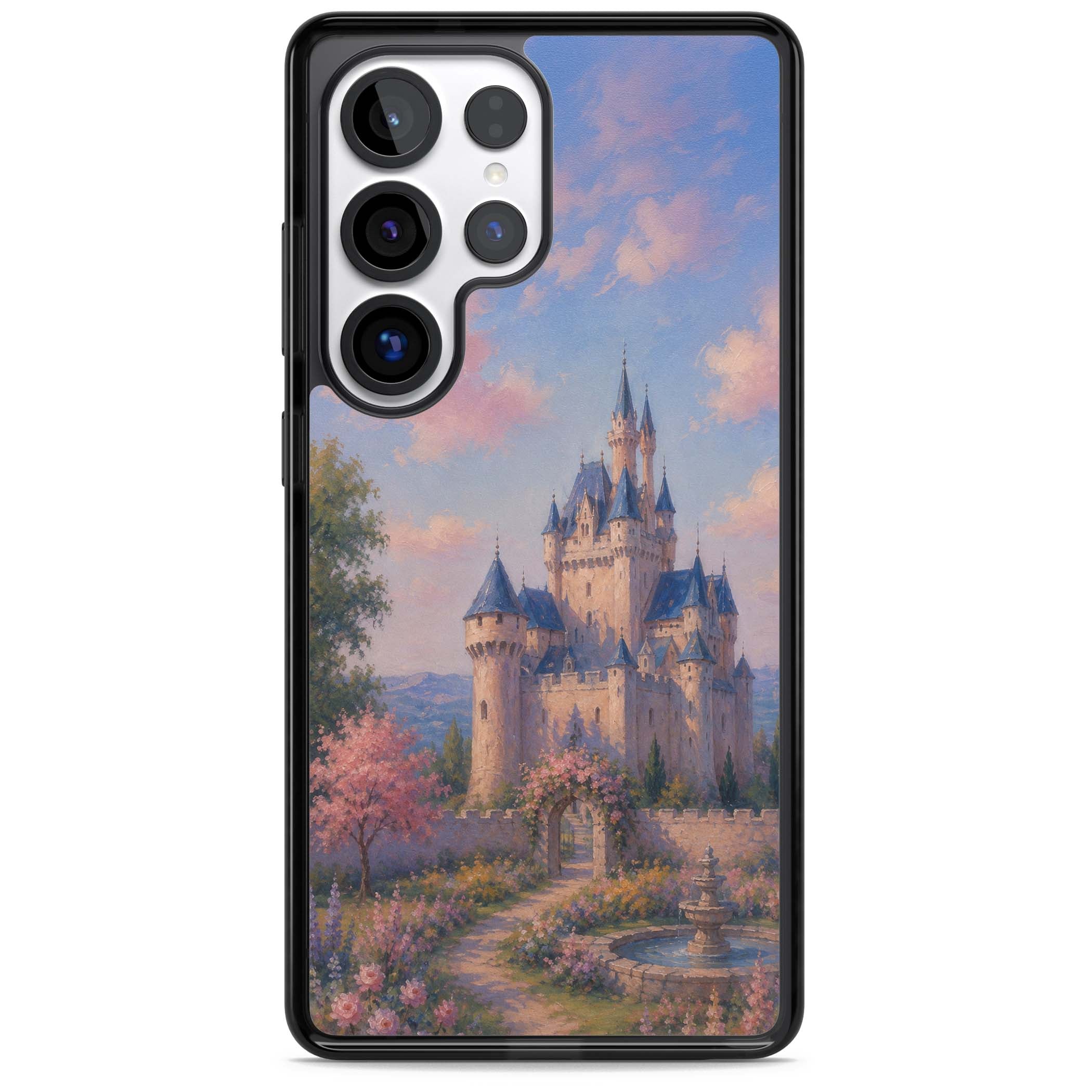 Enchanted Kingdom fairytale iPhone case featuring a romantic castle painting with cherry blossoms and pastel pink sky | Black Impact case for Samsung Galaxy S25 Ultra