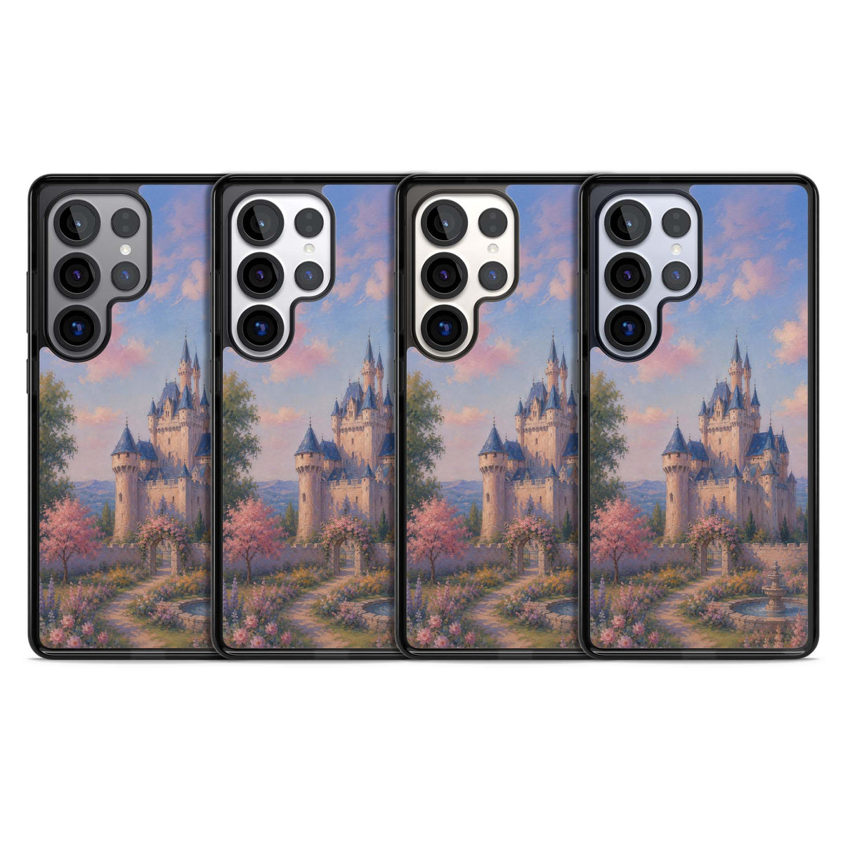 Enchanted Kingdom fairytale iPhone case featuring a romantic castle painting with cherry blossoms and pastel pink sky | Black Impact case for Samsung Galaxy S25 Ultra
