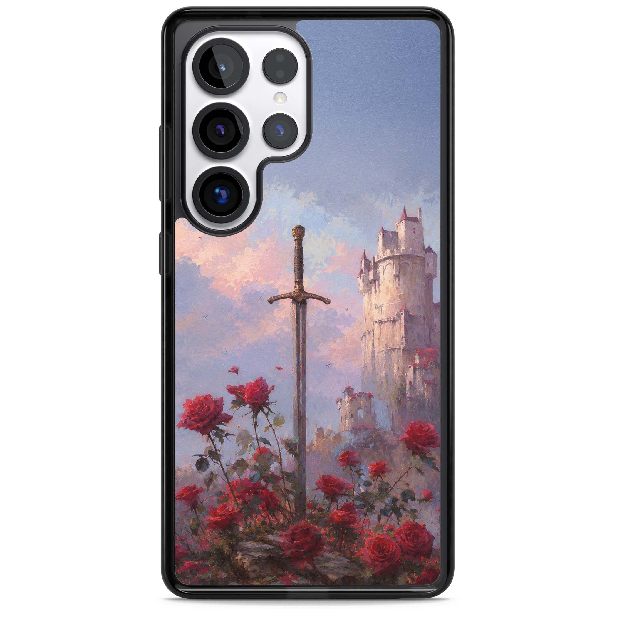 Sword in Roses medieval art iPhone case featuring a sword, red roses, and a misty fairytale castle at sunset | Black Impact case for Samsung Galaxy S25 Ultra
