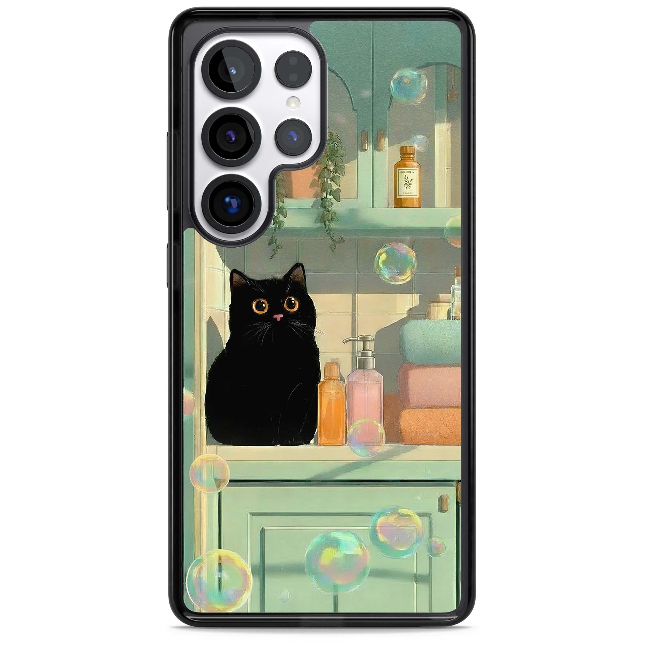 Bathroom Bubble Kitty cottagecore iPhone case featuring a black cat, mint bathroom scene and floating soap bubbles | Black Impact case for Samsung Galaxy S25 Ultra
