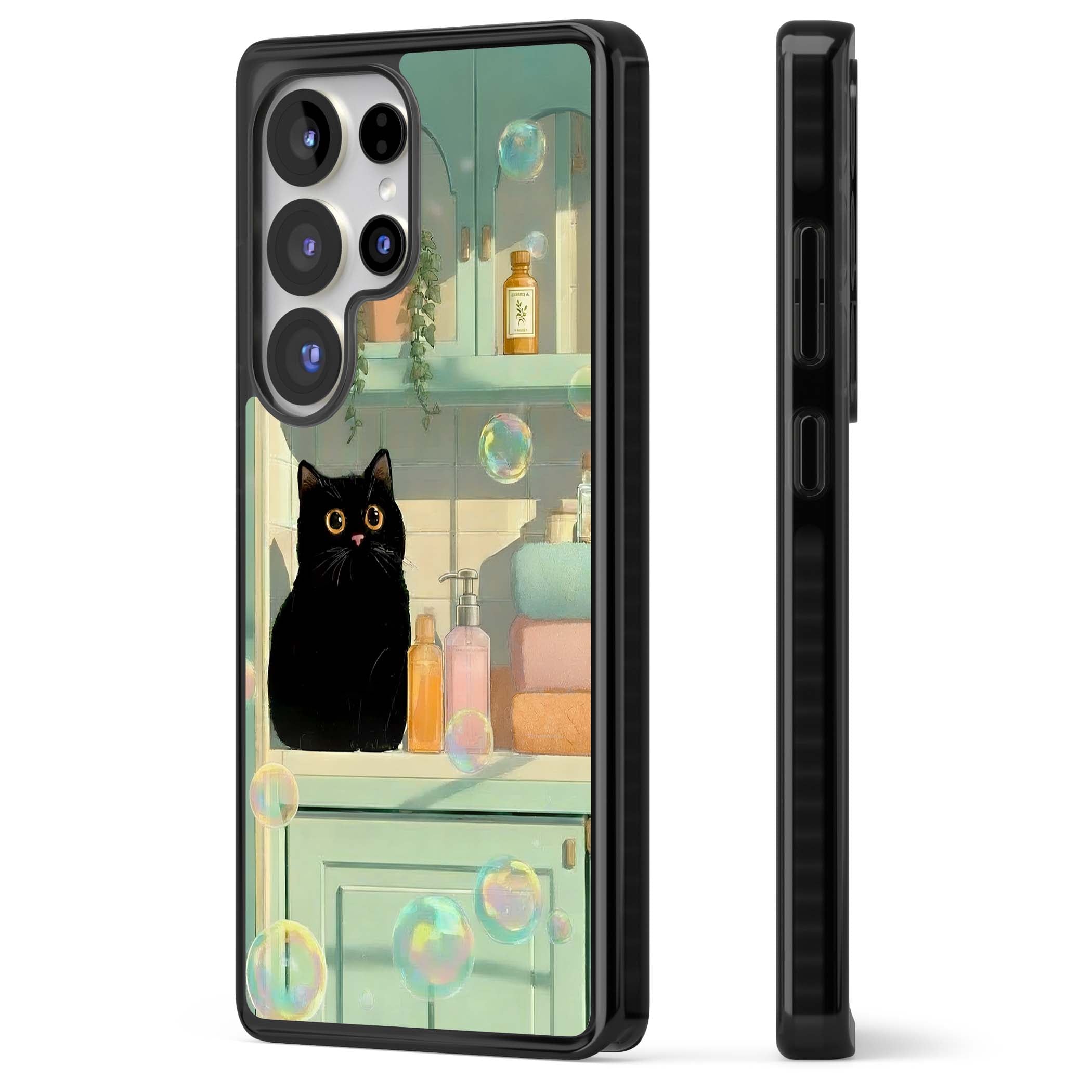 Bathroom Bubble Kitty cottagecore iPhone case featuring a black cat, mint bathroom scene and floating soap bubbles | Black Impact case for Samsung Galaxy S25 Ultra