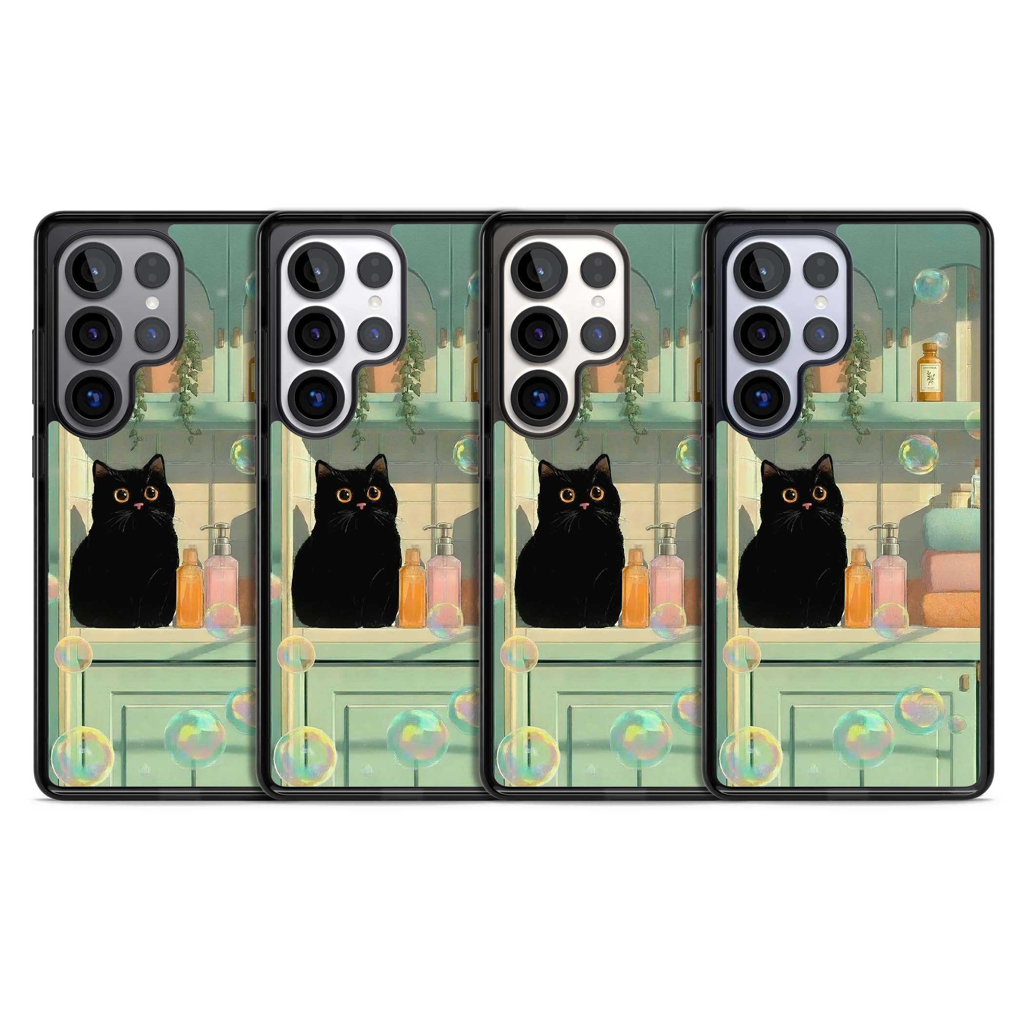 Bathroom Bubble Kitty cottagecore iPhone case featuring a black cat, mint bathroom scene and floating soap bubbles | Black Impact case for Samsung Galaxy S25 Ultra