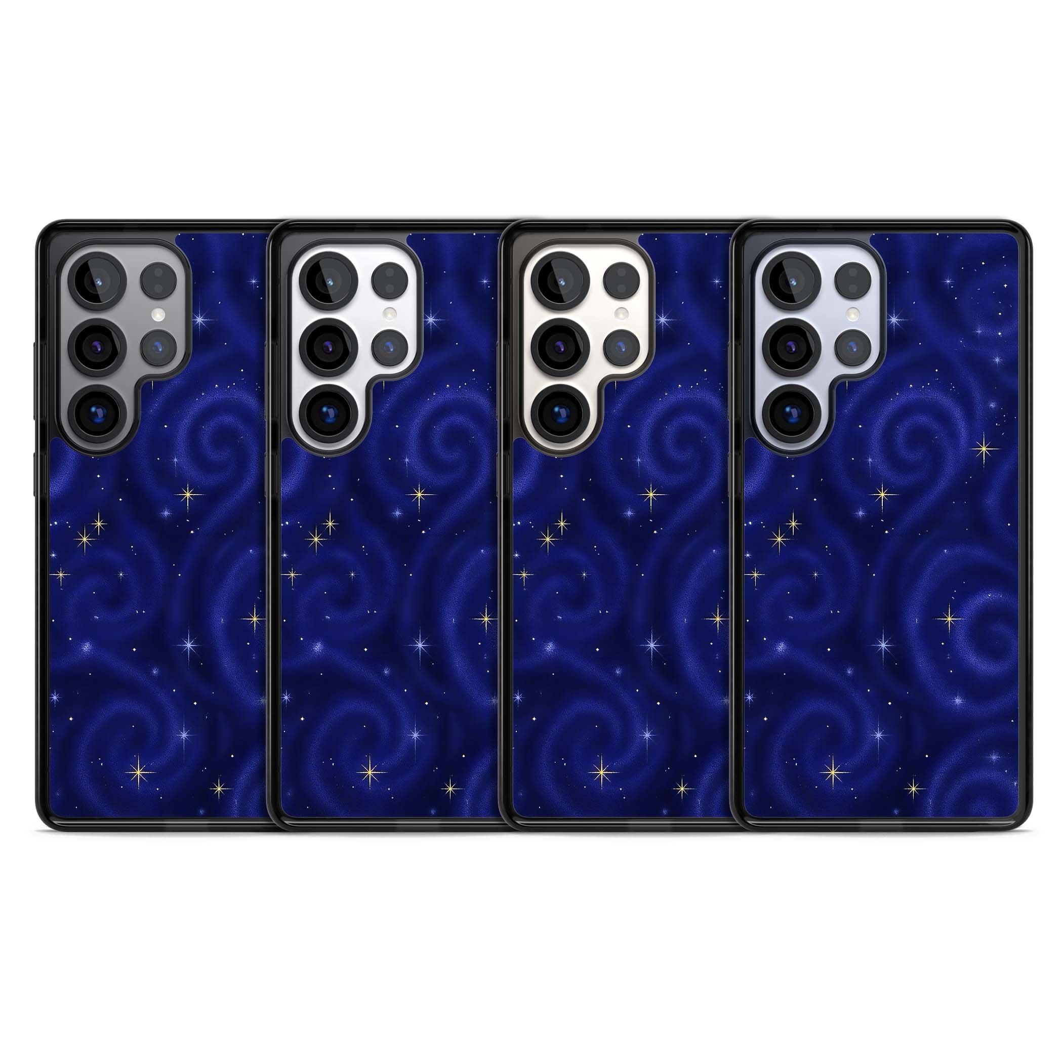 Indigo Cosmos celestial iPhone case featuring swirling navy night sky and sparkling golden stars | Black Impact case for Samsung Galaxy S25 Ultra