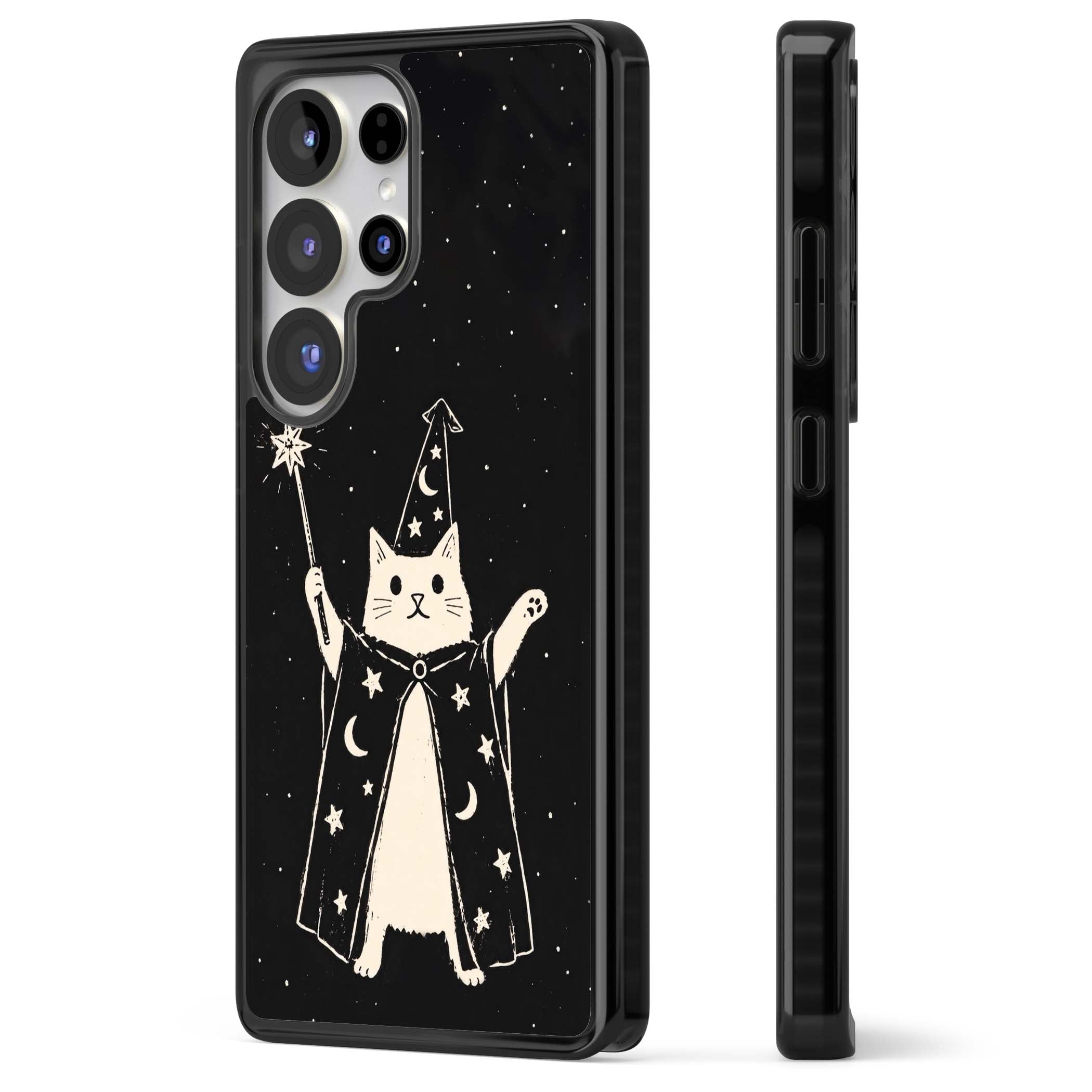 Whisker Wizard celestial cat iPhone case featuring a wizard cat with magic wand, starry night sky and crescent moons | Black Impact case for Samsung Galaxy S25 Ultra