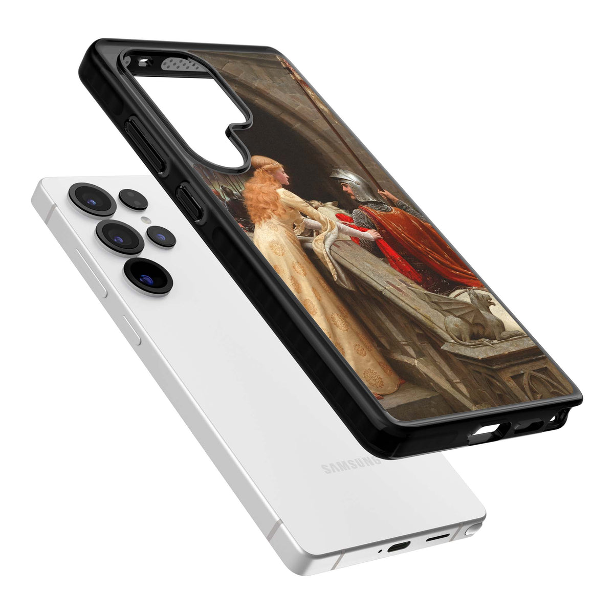 God Speed fine art iPhone case featuring Edmund Blair Leighton's medieval knight and lady beneath a stone archway | Black Impact case for Samsung Galaxy S25 Ultra