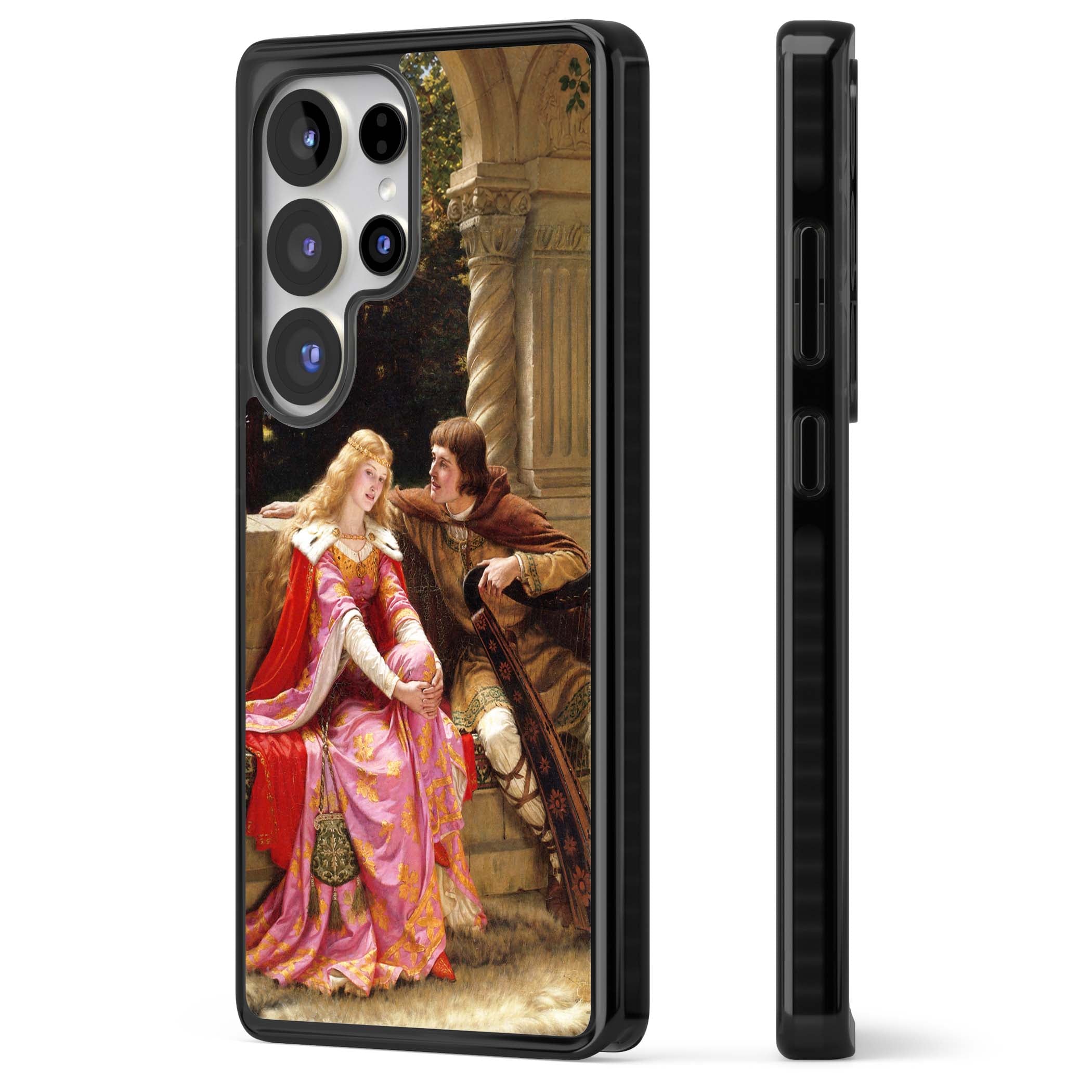 The End of the Song classic art iPhone case featuring a medieval lady in pink gown and her knight in a stone archway | Black Impact case for Samsung Galaxy S25 Ultra