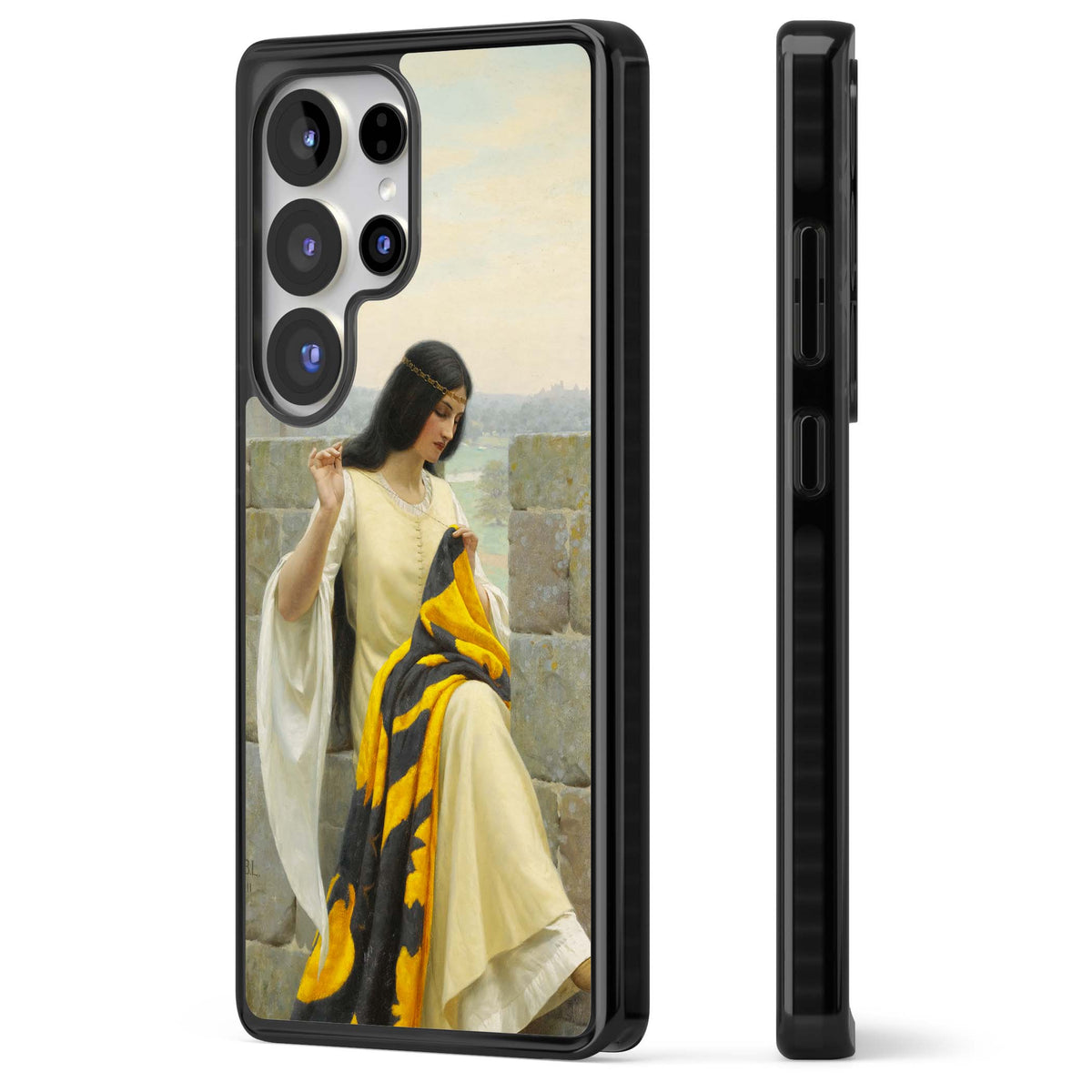 Stitching the Standard renaissance art iPhone case featuring a medieval lady sewing a golden banner on a castle wall | Black Impact case for Samsung Galaxy S25 Ultra