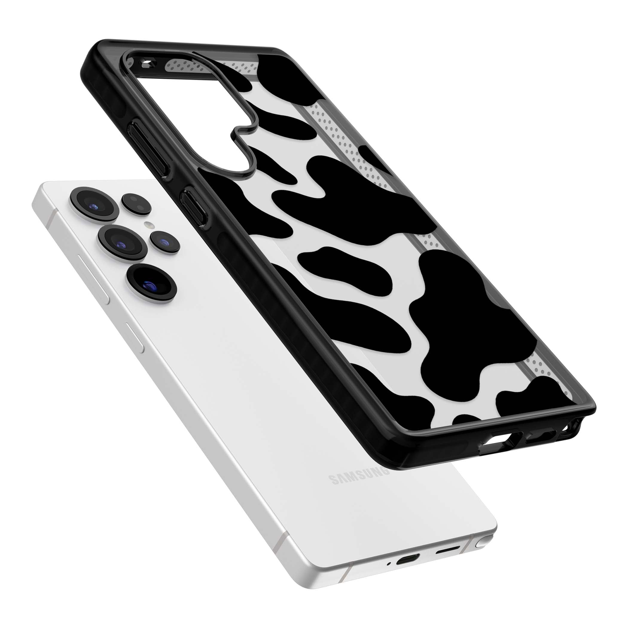Clear Cow Print cow print iPhone case featuring black and white cow pattern splotches on a clear background | Black Impact case for Samsung Galaxy S25 Ultra