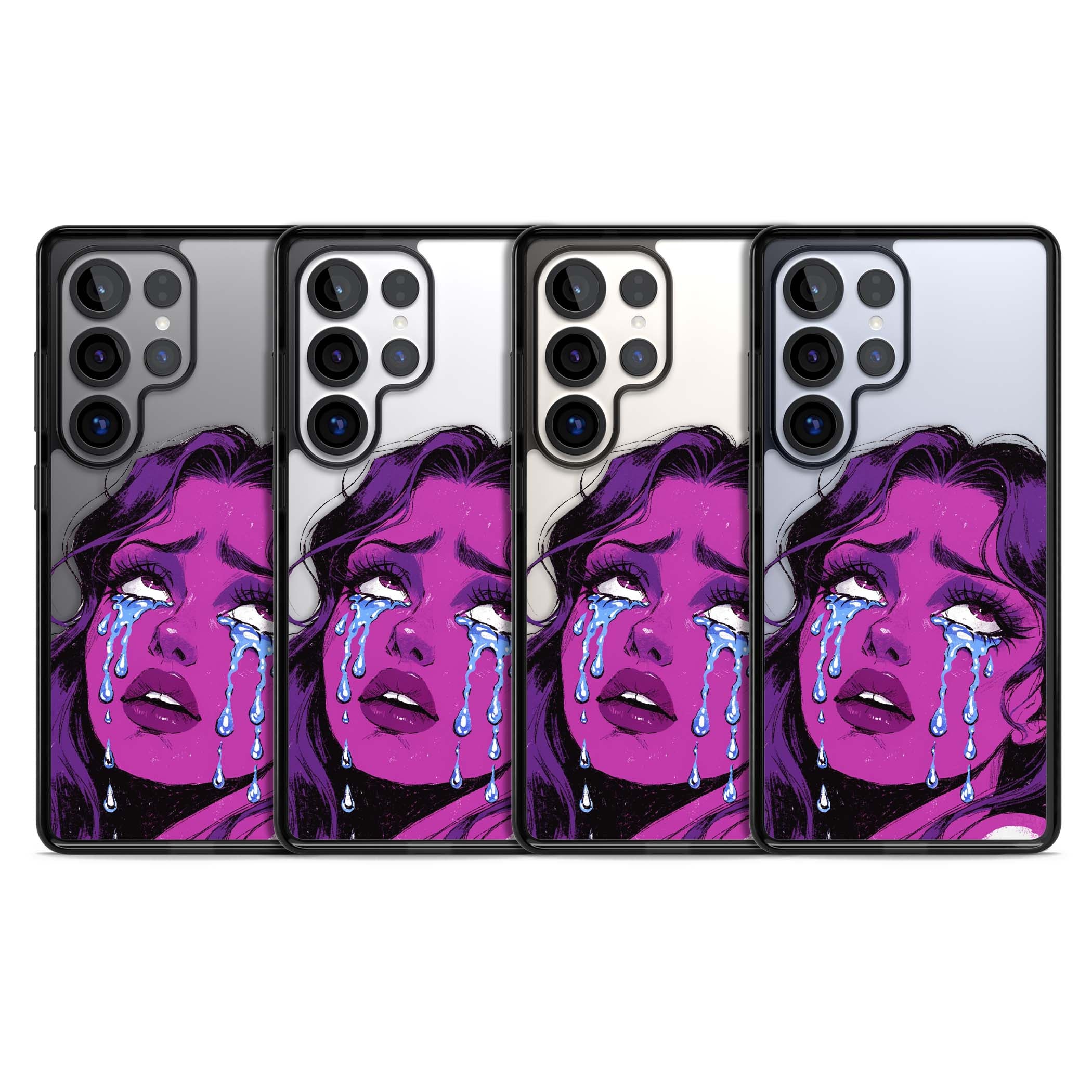 Drama Queen pop art iPhone case featuring a purple crying comic girl with blue tears | Black Impact case for Samsung Galaxy S25 Ultra