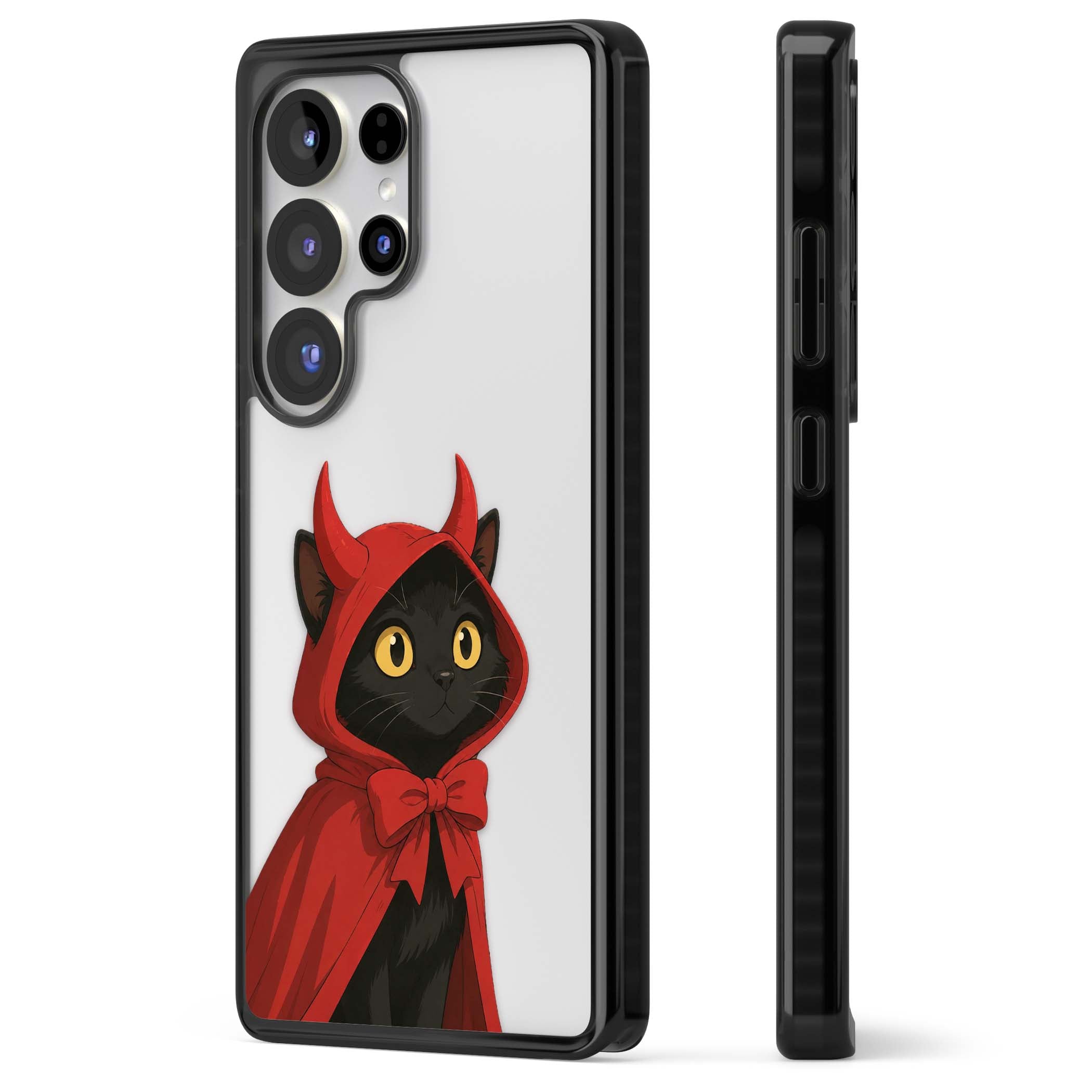 Little Devil halloween iPhone case featuring a black cat in a red hooded devil cloak with horns and golden eyes | Black Impact case for Samsung Galaxy S25 Ultra