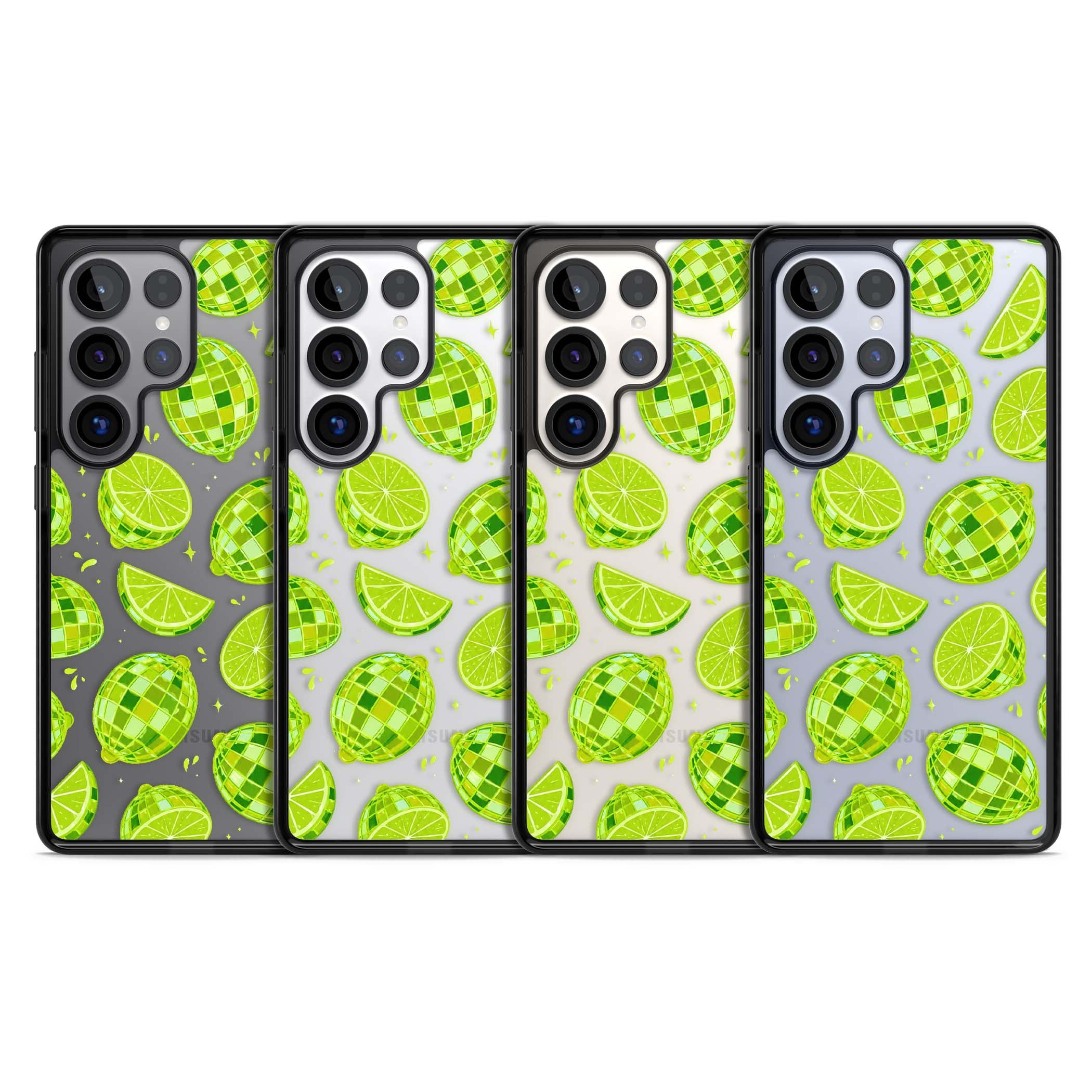 Disco Limes fruit aesthetic iPhone case featuring green disco balls, lime slices and citrus sparkles | Black Impact case for Samsung Galaxy S25 Ultra