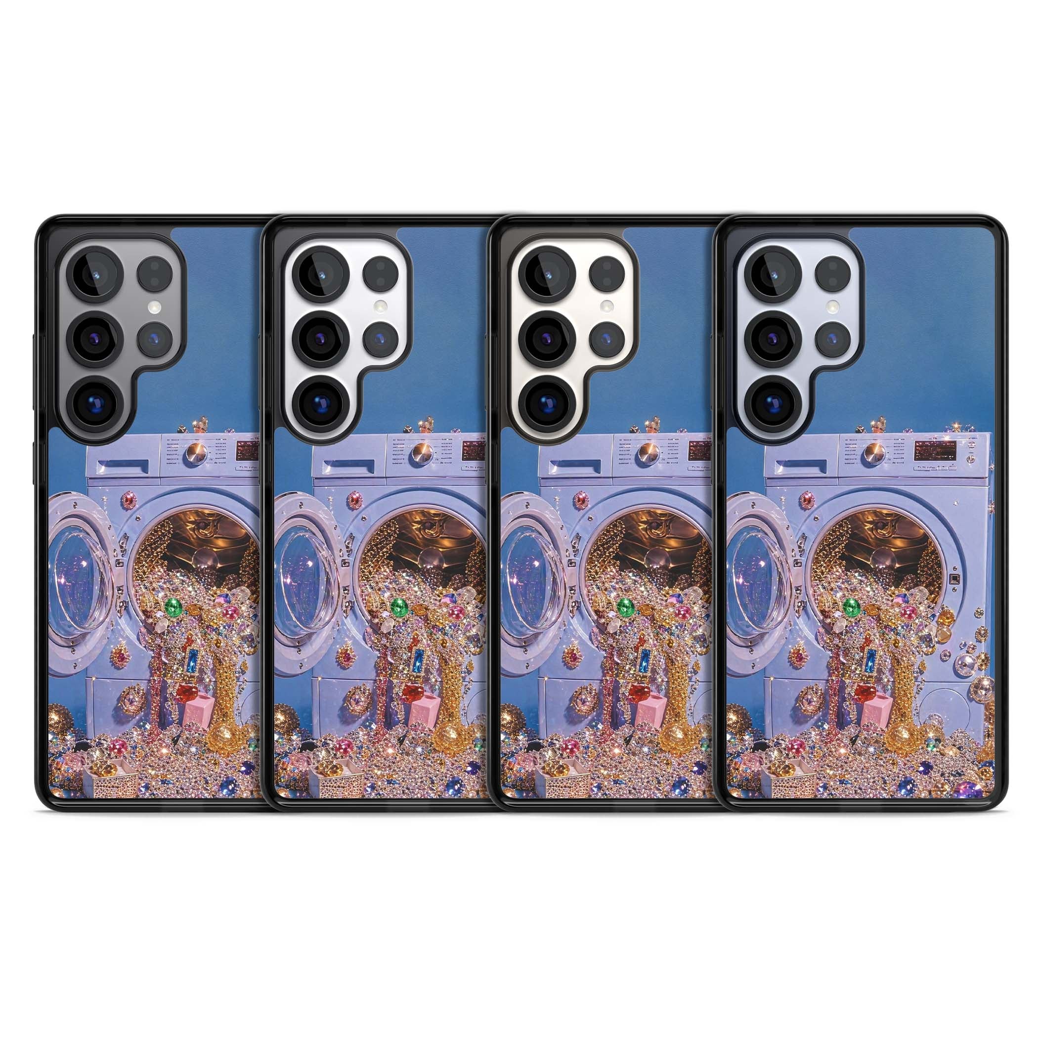 Gem Laundry baddie iPhone case featuring a surreal washing machine overflowing with colourful gemstones and crystals | Black Impact case for Samsung Galaxy S25 Ultra