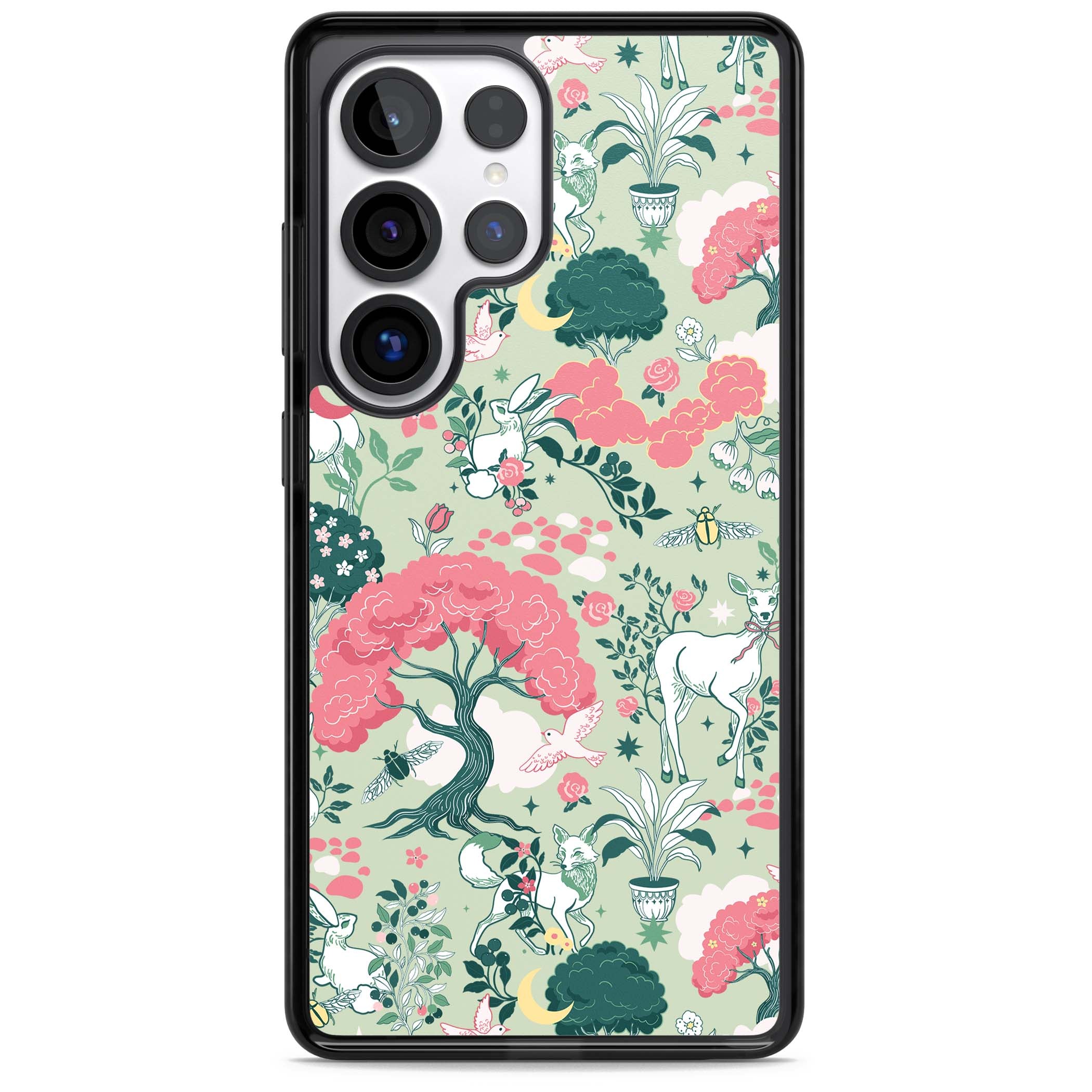 Enchanted Woodland cottagecore iPhone case featuring white deer, pink roses, mushrooms and woodland animals on sage green | Black Impact case for Samsung Galaxy S25 Ultra