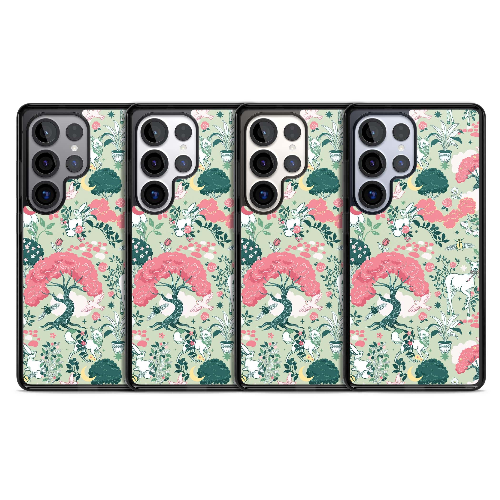 Enchanted Woodland cottagecore iPhone case featuring white deer, pink roses, mushrooms and woodland animals on sage green | Black Impact case for Samsung Galaxy S25 Ultra