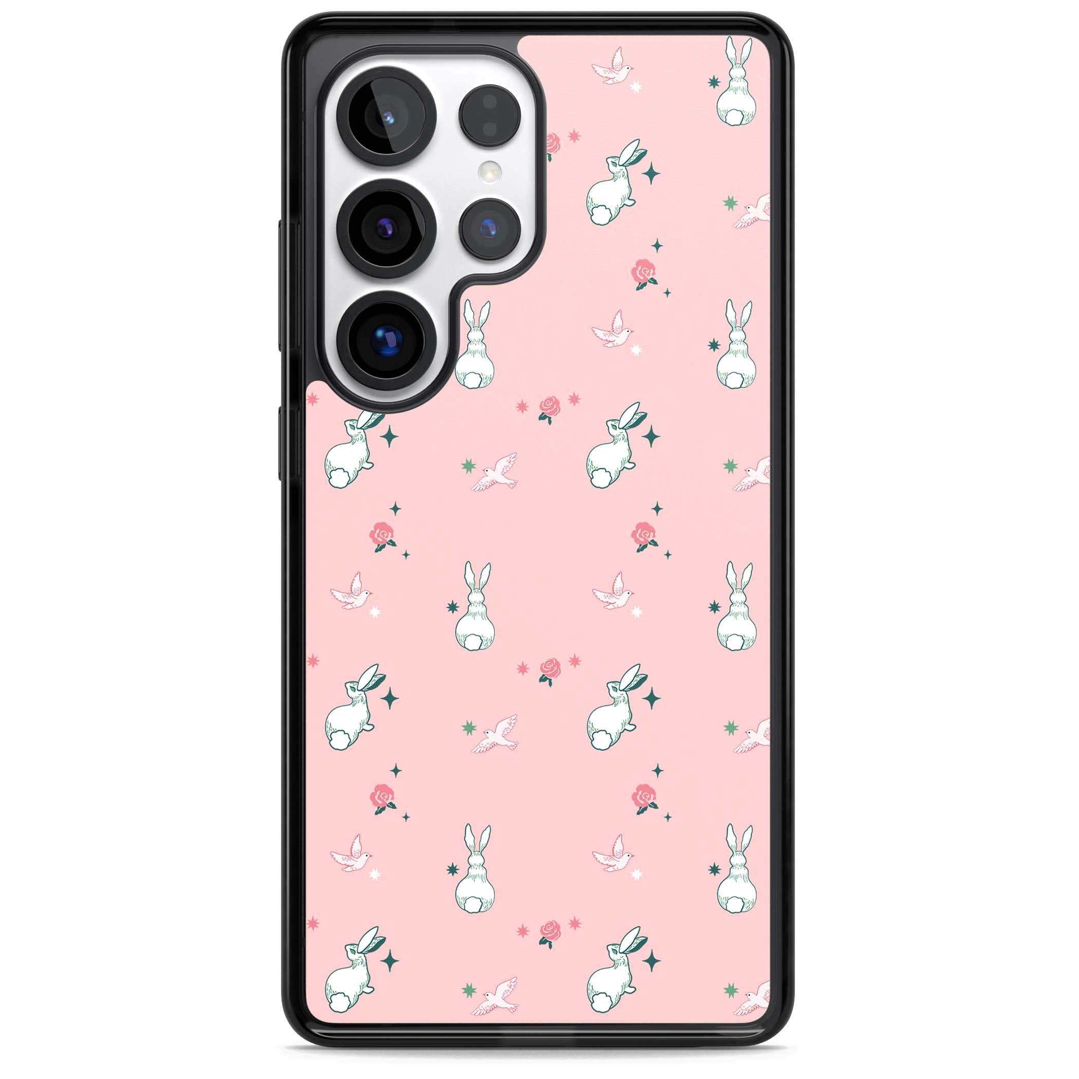 Bunny Garden kawaii iPhone case featuring white rabbits, pink roses, doves and stars on pink background | Black Impact case for Samsung Galaxy S25 Ultra