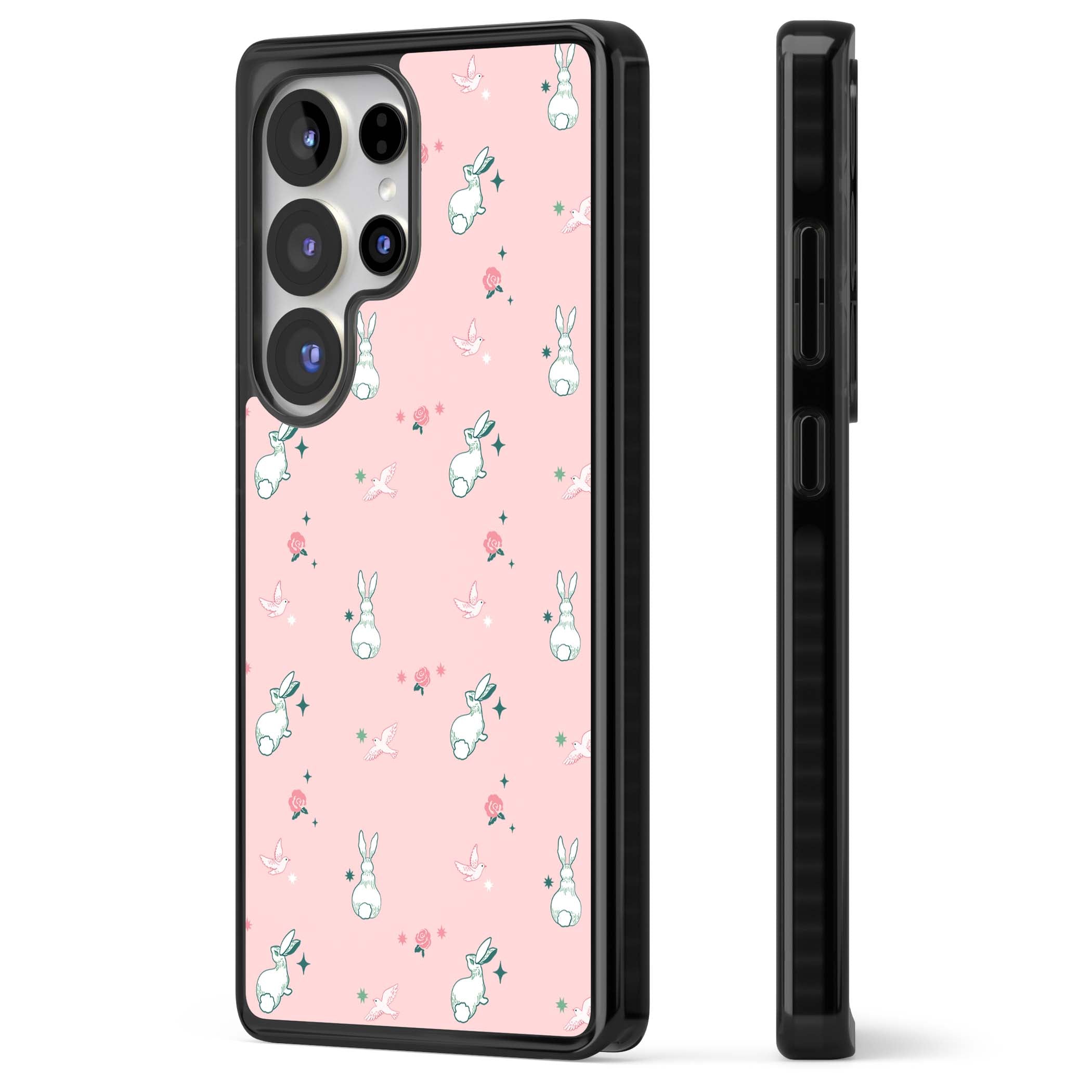 Bunny Garden kawaii iPhone case featuring white rabbits, pink roses, doves and stars on pink background | Black Impact case for Samsung Galaxy S25 Ultra