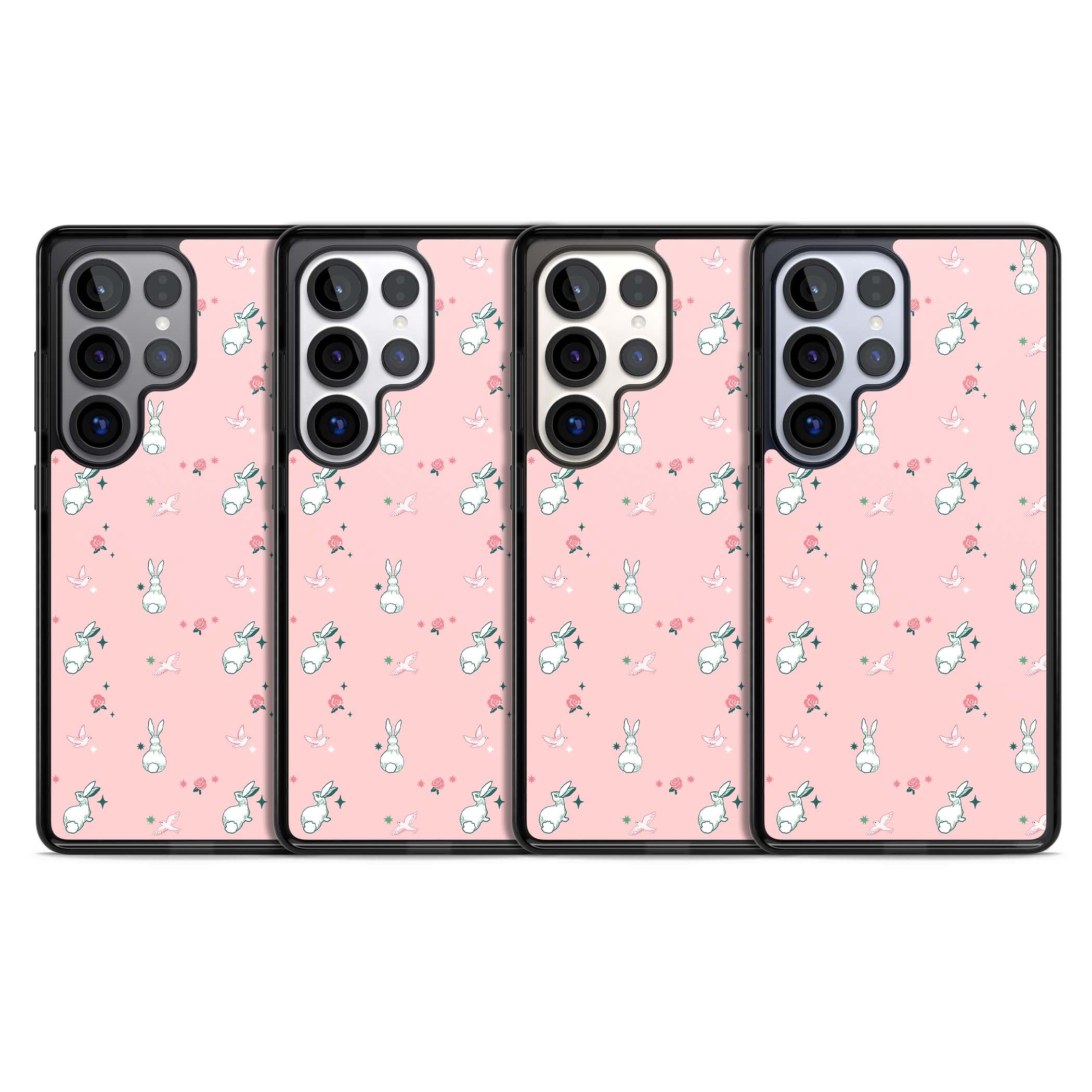Bunny Garden kawaii iPhone case featuring white rabbits, pink roses, doves and stars on pink background | Black Impact case for Samsung Galaxy S25 Ultra