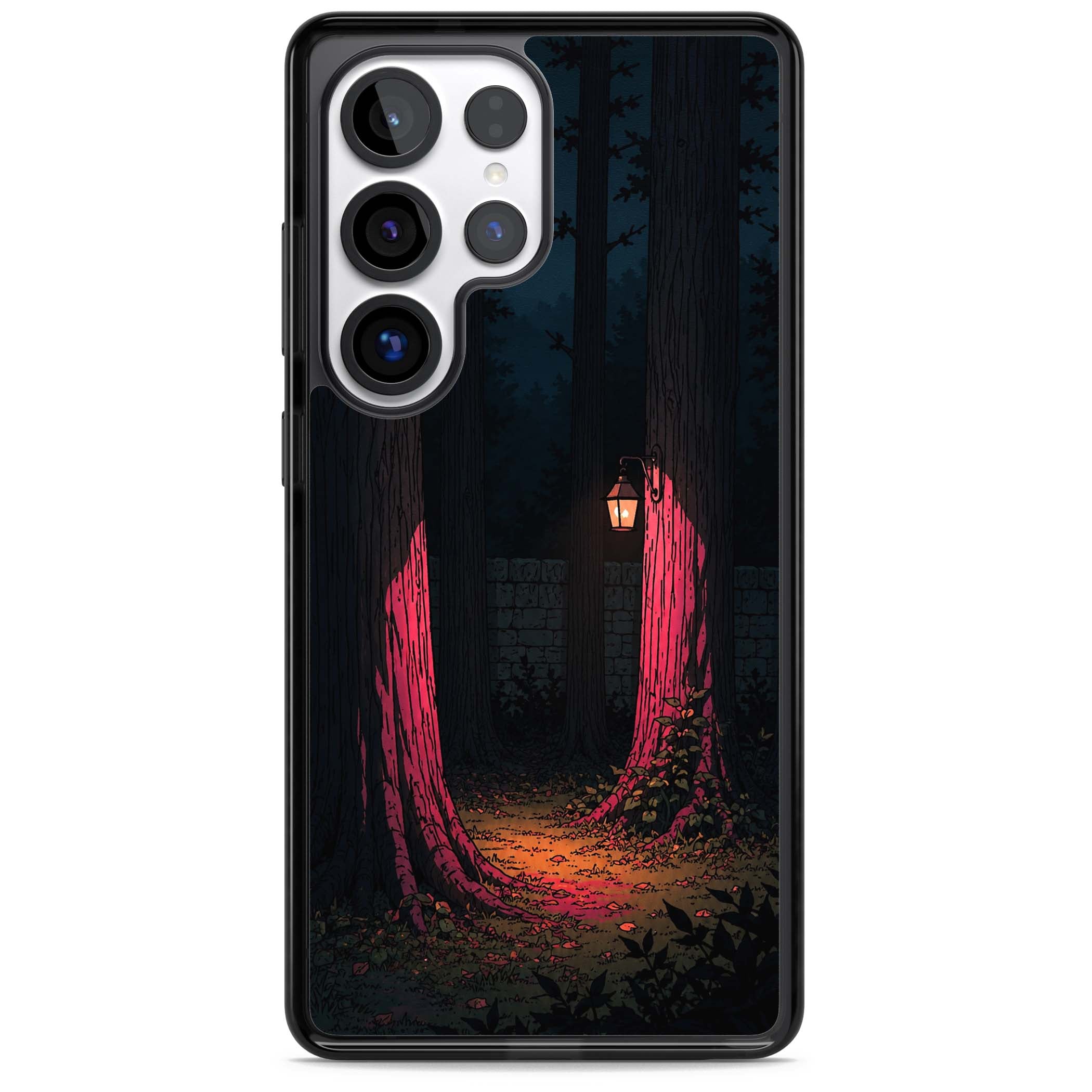 Forest Lantern dark academia iPhone case featuring a moonlit forest, glowing lantern, and stone wall pathway | Black Impact case for Samsung Galaxy S25 Ultra