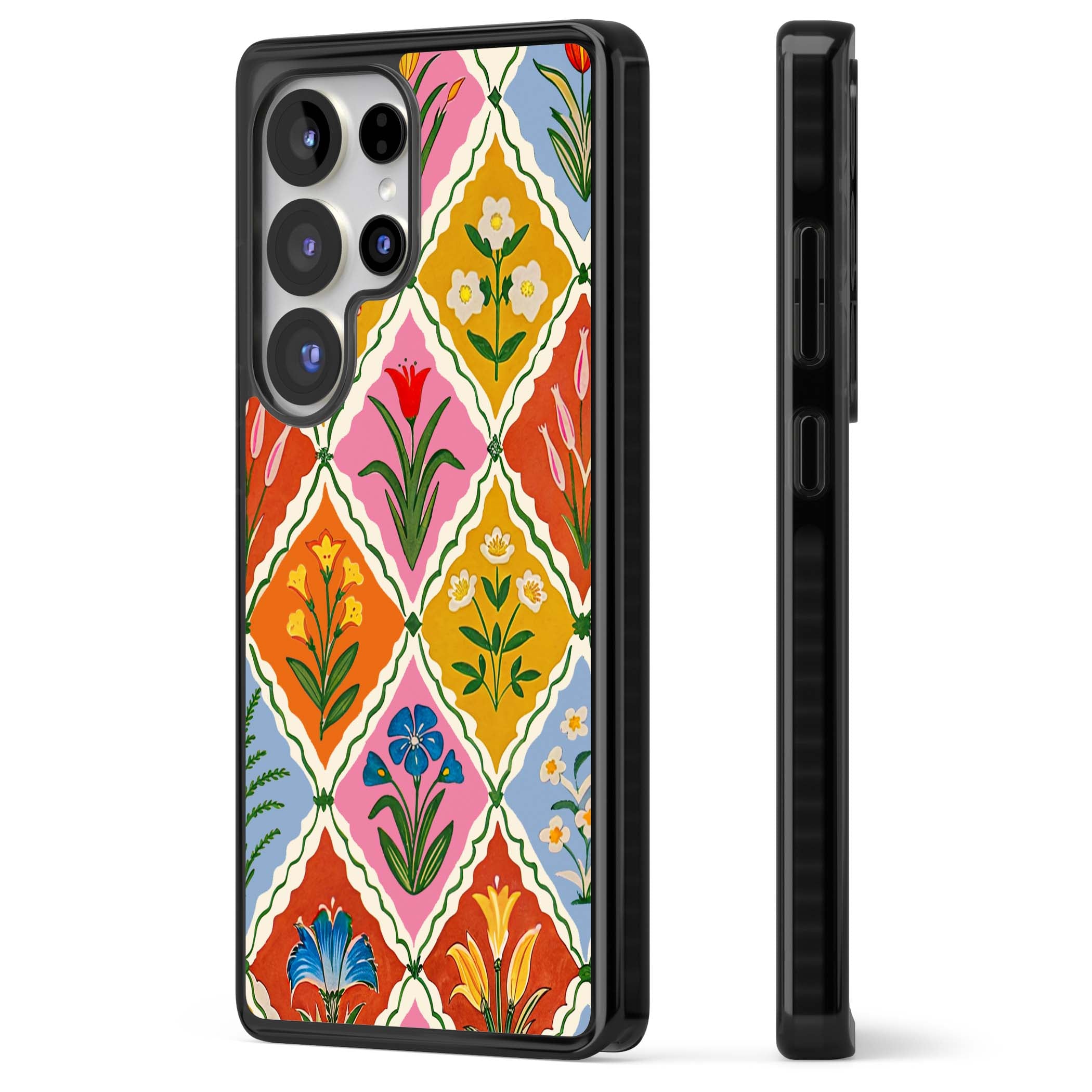 Floral Quilt boho floral iPhone case featuring diamond lattice pattern, hand-painted tulips and folk art wildflowers | Black Impact case for Samsung Galaxy S25 Ultra