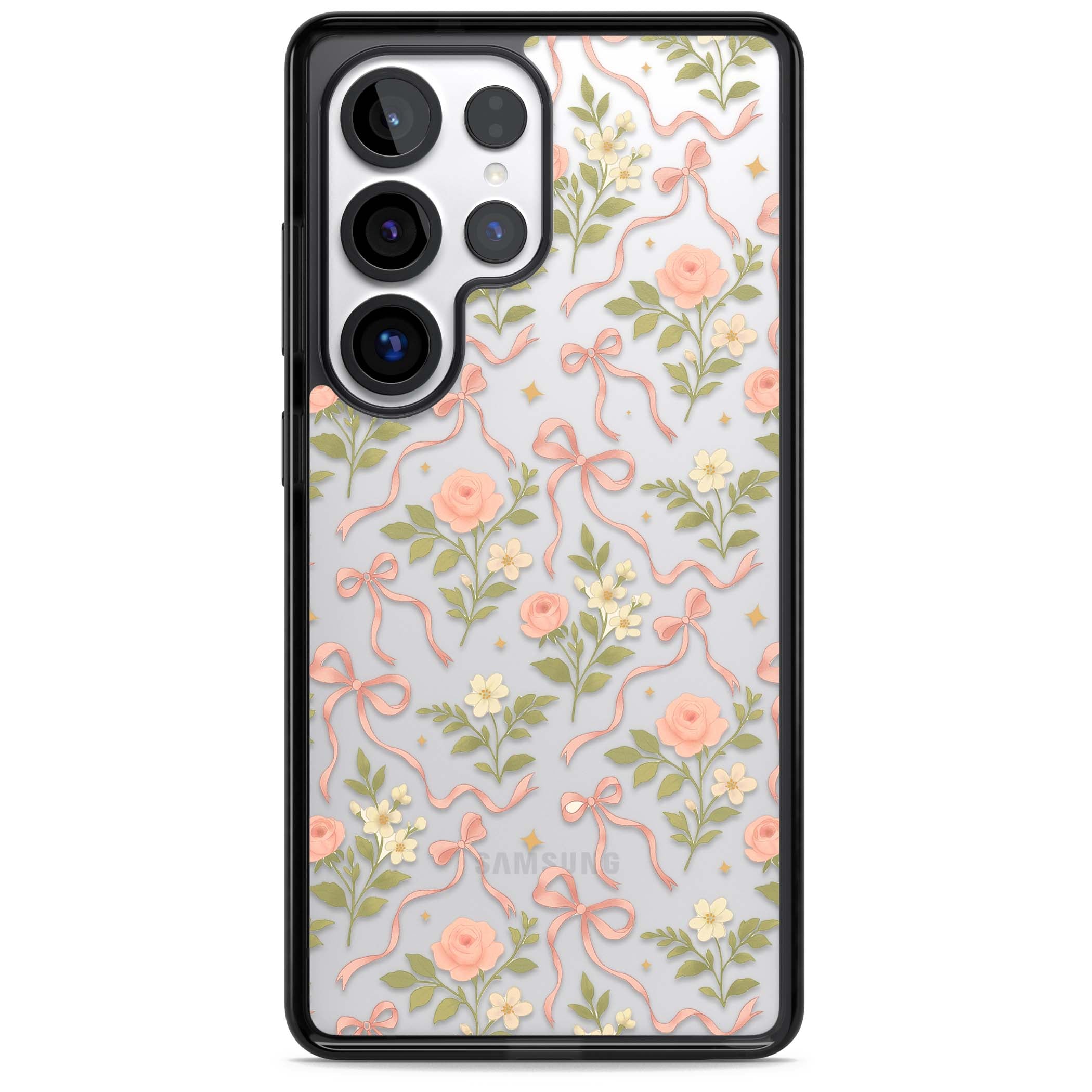 Ribbon Garden coquette iPhone case featuring pink bows, peach roses and wildflowers on white background | Black Impact case for Samsung Galaxy S25 Ultra