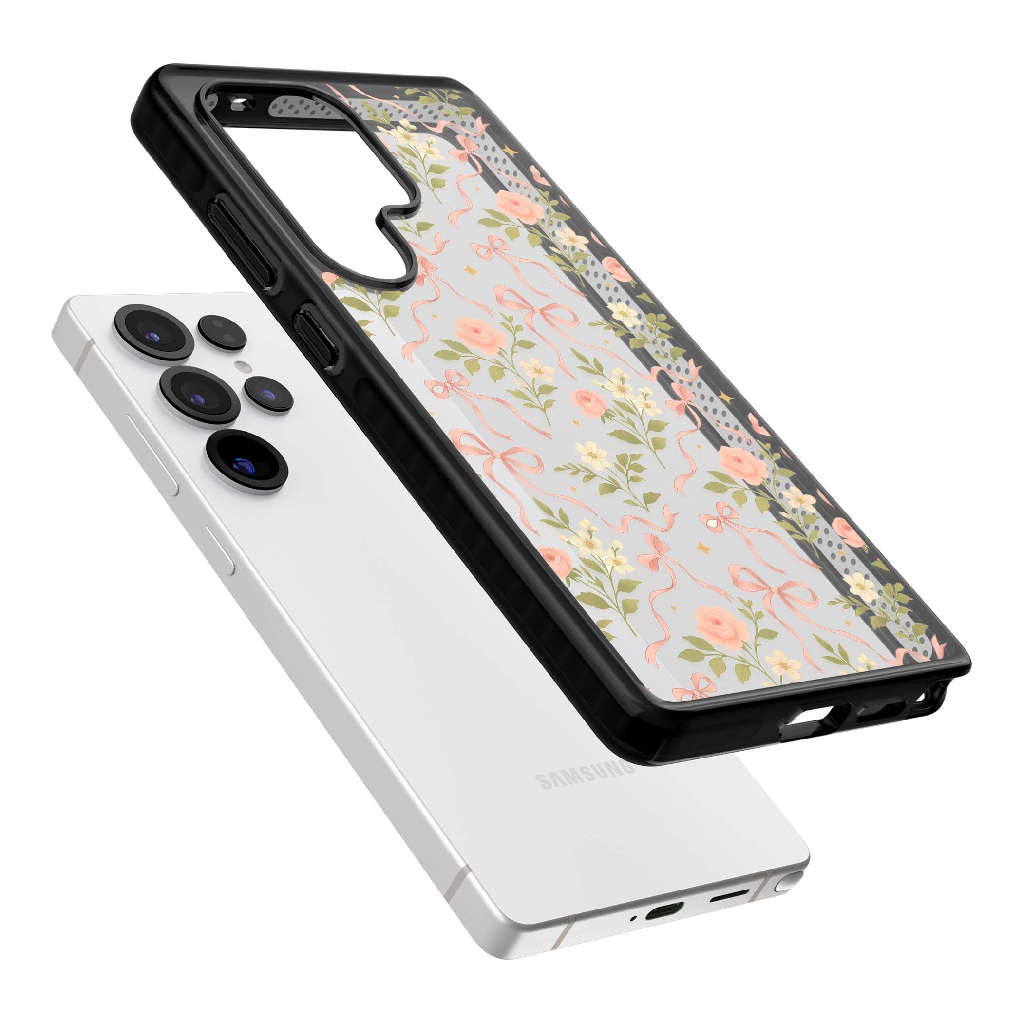Ribbon Garden coquette iPhone case featuring pink bows, peach roses and wildflowers on white background | Black Impact case for Samsung Galaxy S25 Ultra