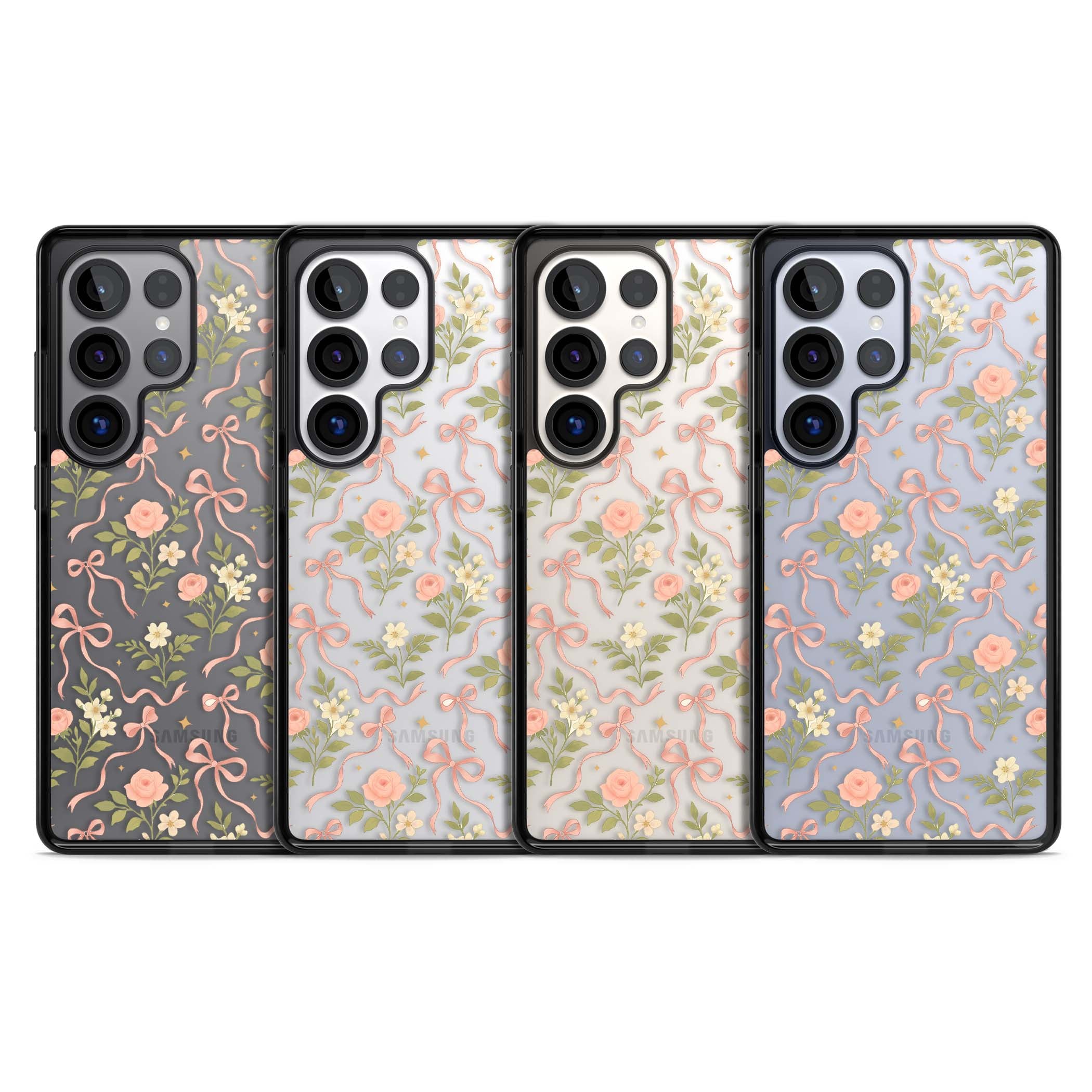 Ribbon Garden coquette iPhone case featuring pink bows, peach roses and wildflowers on white background | Black Impact case for Samsung Galaxy S25 Ultra