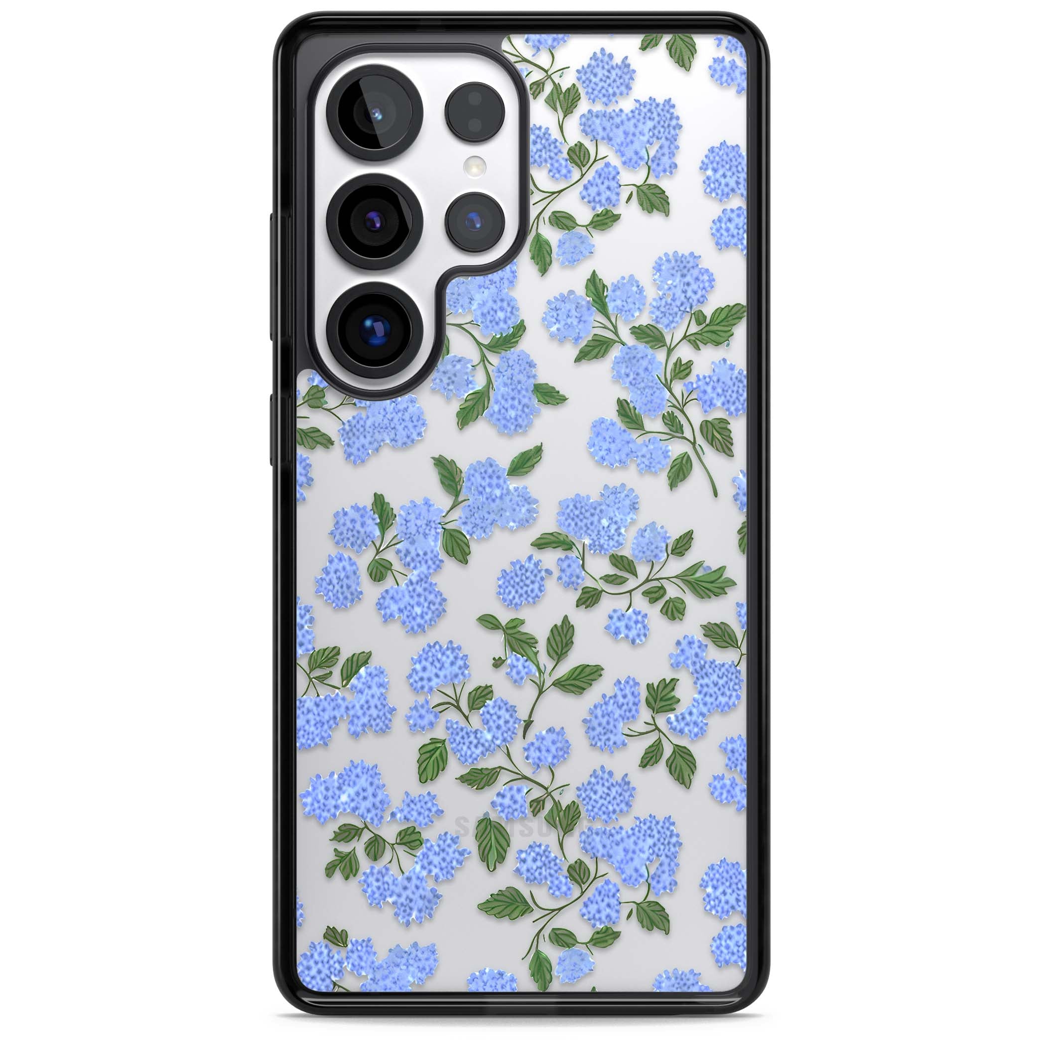 Hydrangea Dreams cottagecore iPhone case featuring soft blue hydrangea flower clusters and green leaves | Black Impact case for Samsung Galaxy S25 Ultra