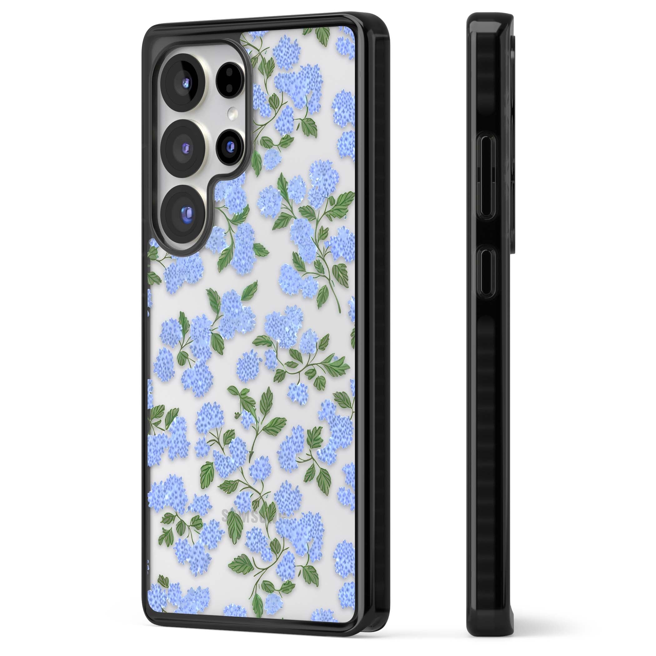 Hydrangea Dreams cottagecore iPhone case featuring soft blue hydrangea flower clusters and green leaves | Black Impact case for Samsung Galaxy S25 Ultra