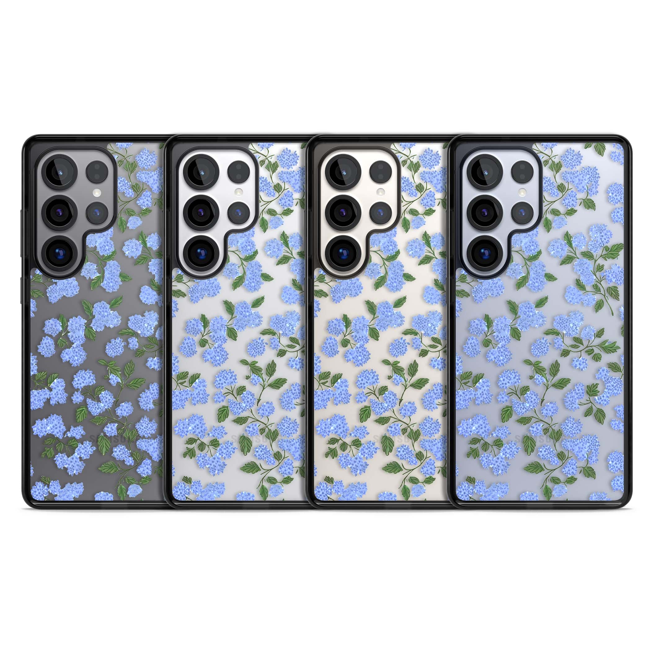 Hydrangea Dreams cottagecore iPhone case featuring soft blue hydrangea flower clusters and green leaves | Black Impact case for Samsung Galaxy S25 Ultra