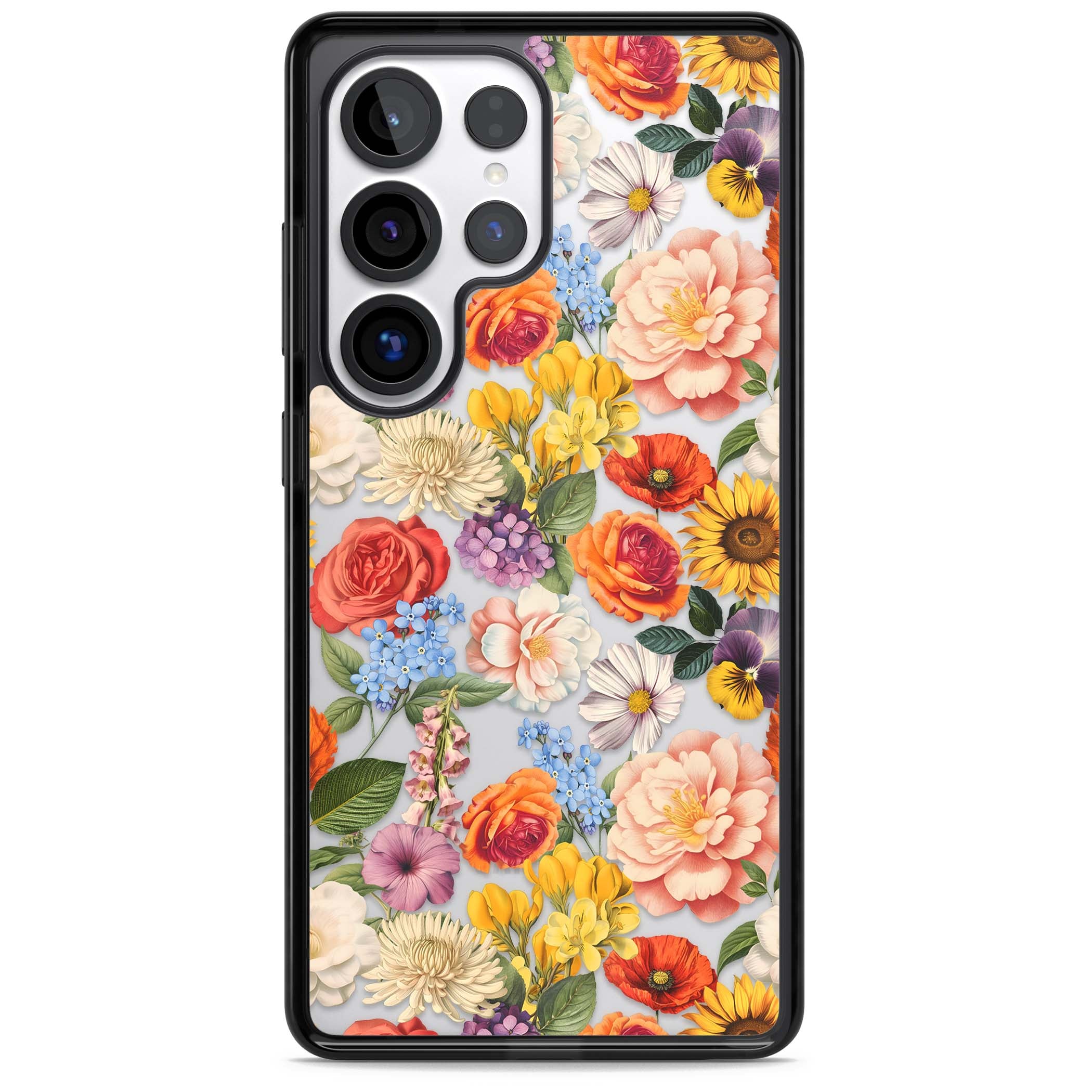 Bloom Basket floral iPhone case featuring cottage garden flowers including peonies, sunflowers, and wildflowers in pastel col | Black Impact case for Samsung Galaxy S25 Ultra
