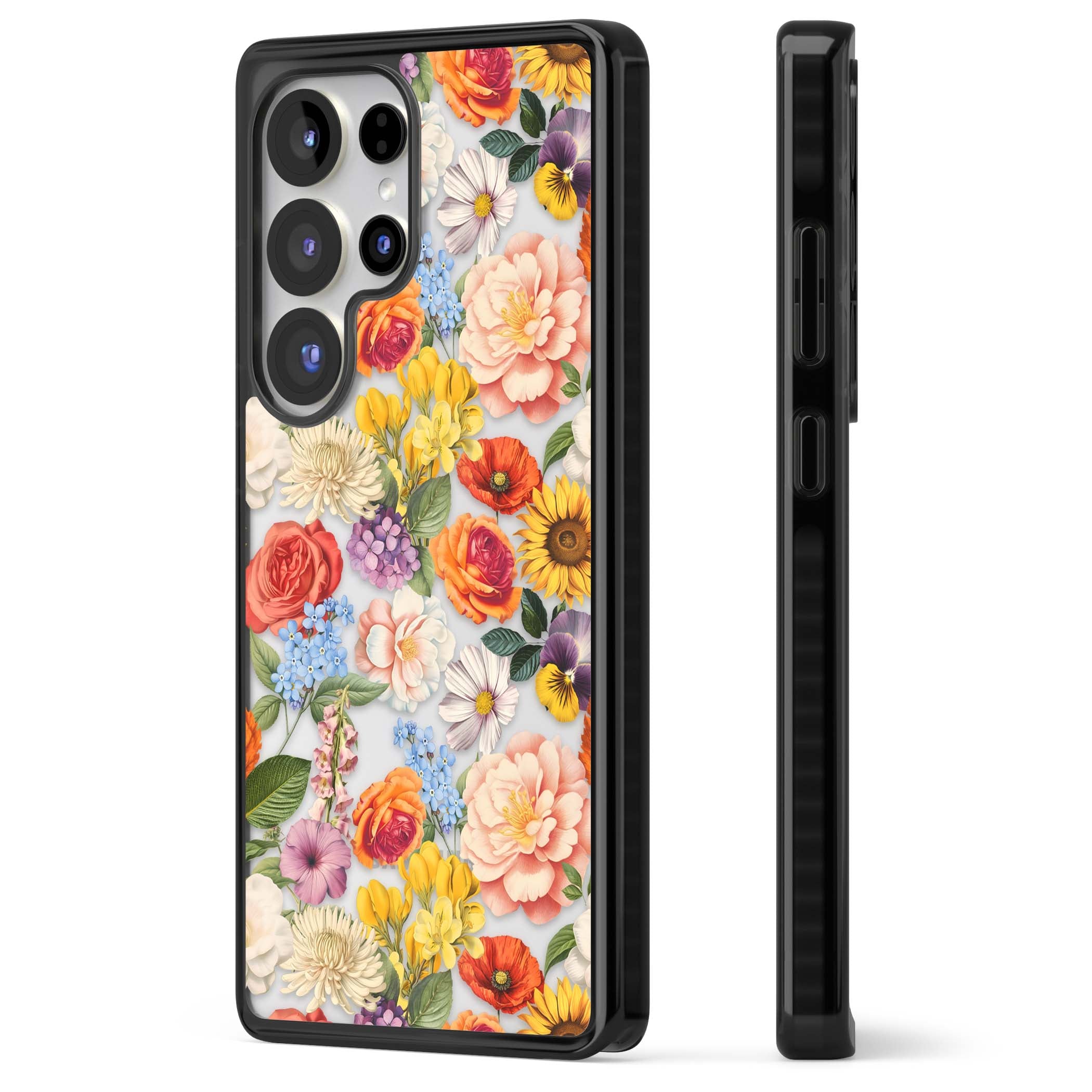 Bloom Basket floral iPhone case featuring cottage garden flowers including peonies, sunflowers, and wildflowers in pastel col | Black Impact case for Samsung Galaxy S25 Ultra