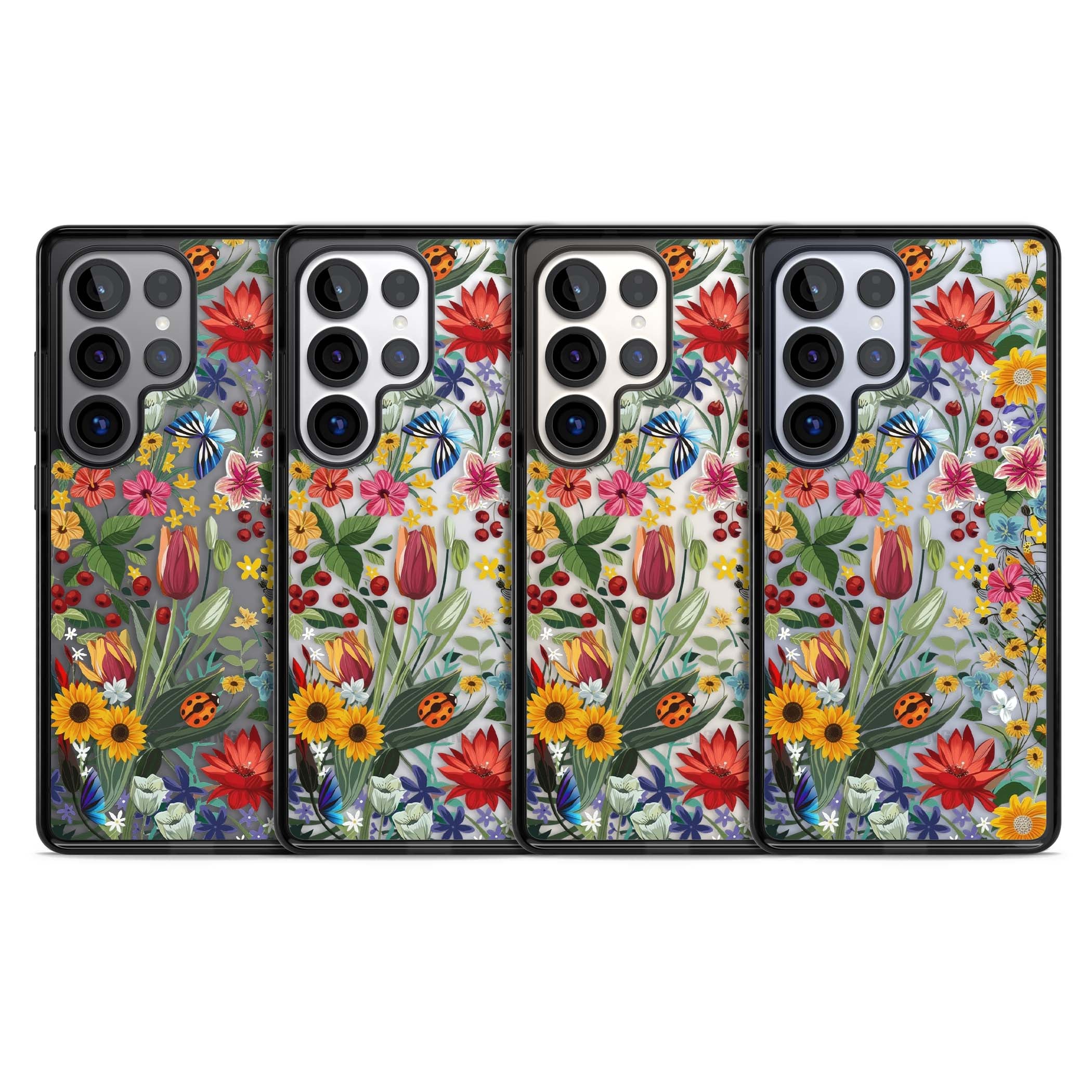 Botanical Bloom cottagecore iPhone case featuring colorful wildflowers, sunflowers, and ladybugs on clear background | Black Impact case for Samsung Galaxy S25 Ultra