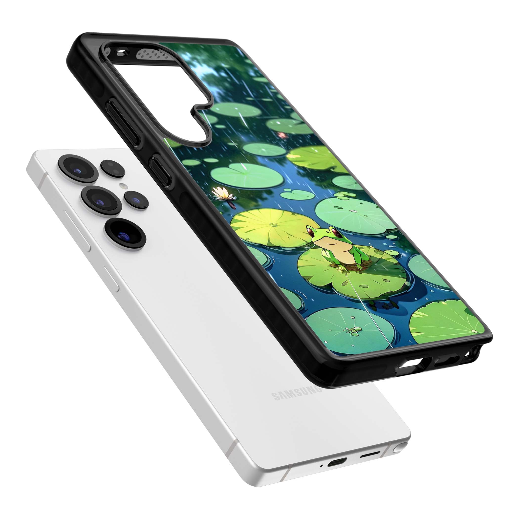 Frog In Lily Pond cottagecore iPhone case featuring a cute green frog on a lily pad with falling rain and a lotus flower | Black Impact case for Samsung Galaxy S25 Ultra