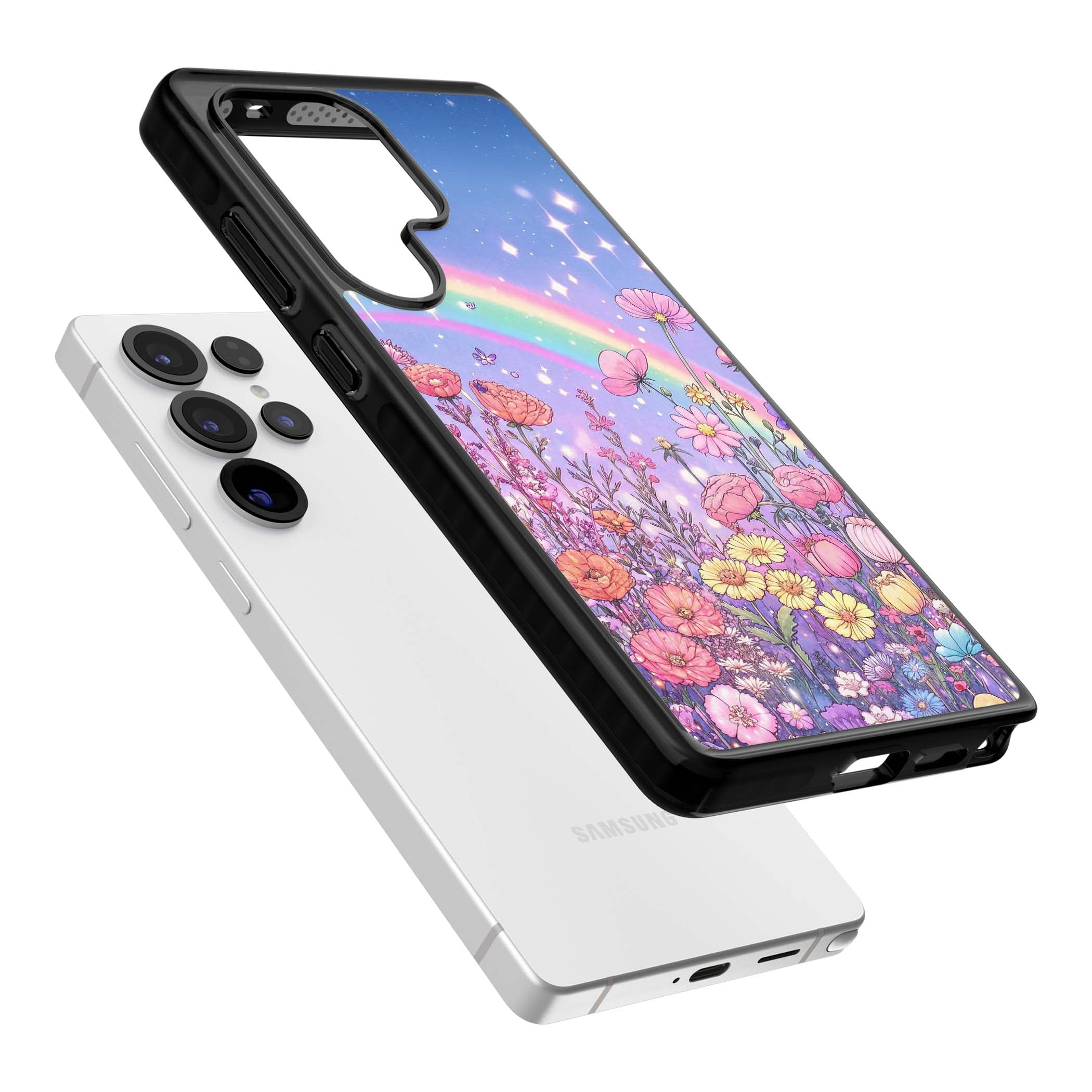 Magical Meadow fairycore iPhone case featuring a pastel rainbow, sparkling stars and a wildflower meadow | Black Impact case for Samsung Galaxy S25 Ultra