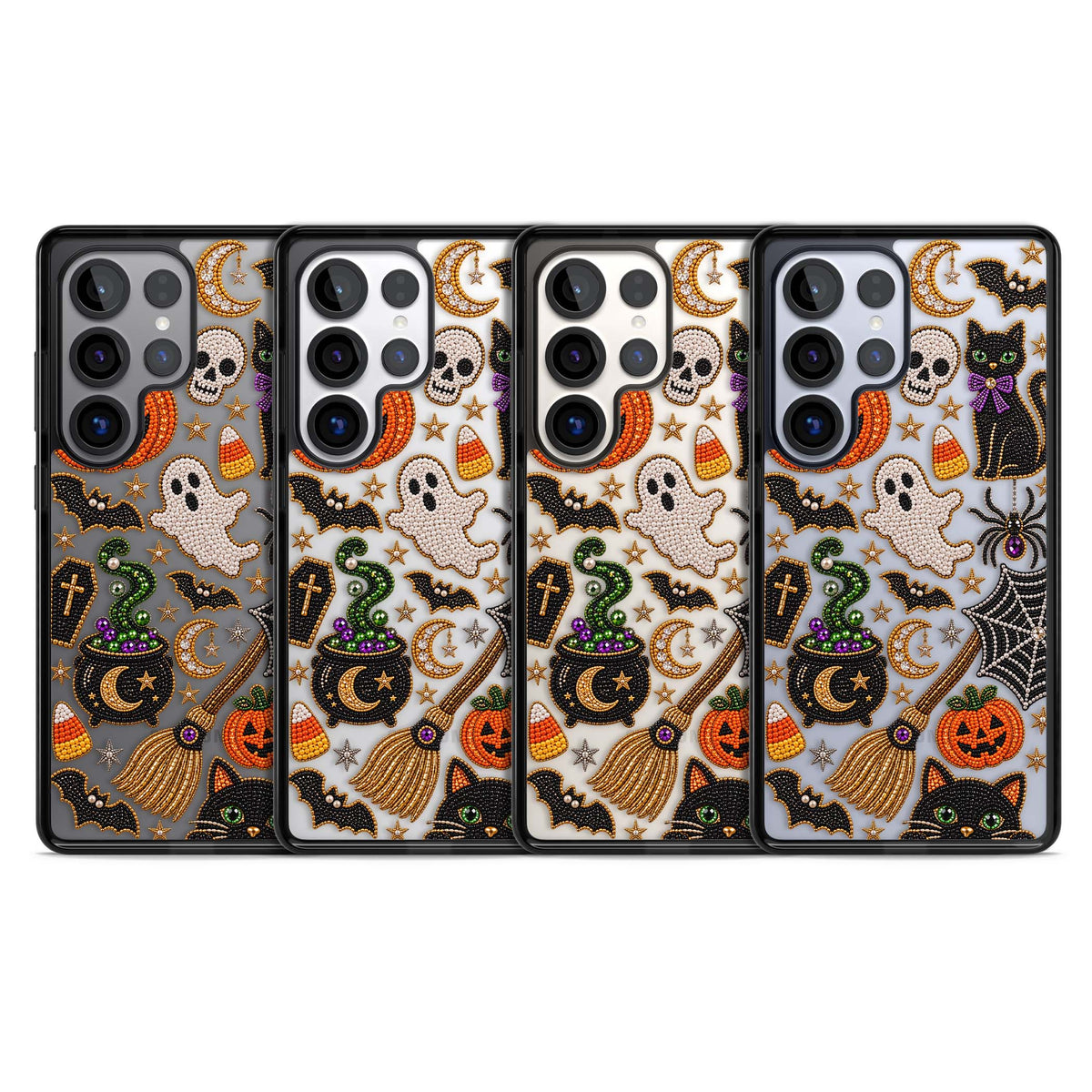 Beaded Halloween Halloween iPhone case featuring beaded pumpkins, ghosts, black cats and bats | Black Impact case for Samsung Galaxy S25 Ultra