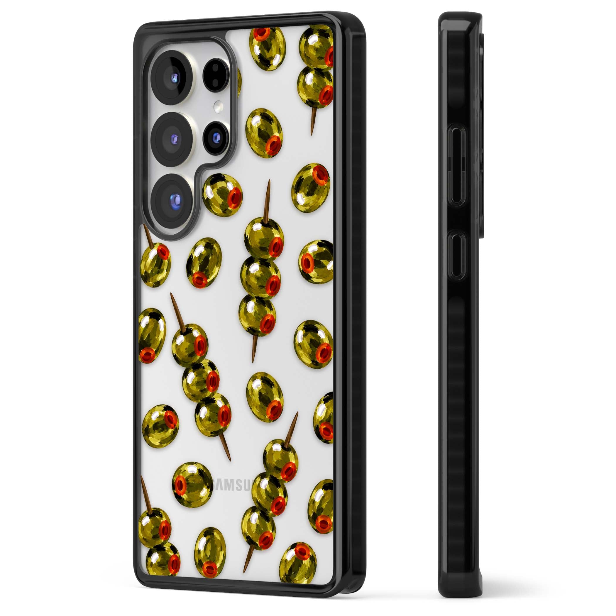 Painted Olives cocktail iPhone case featuring green olives, pimento centres and toothpick skewers on a clear background | Black Impact case for Samsung Galaxy S25 Ultra