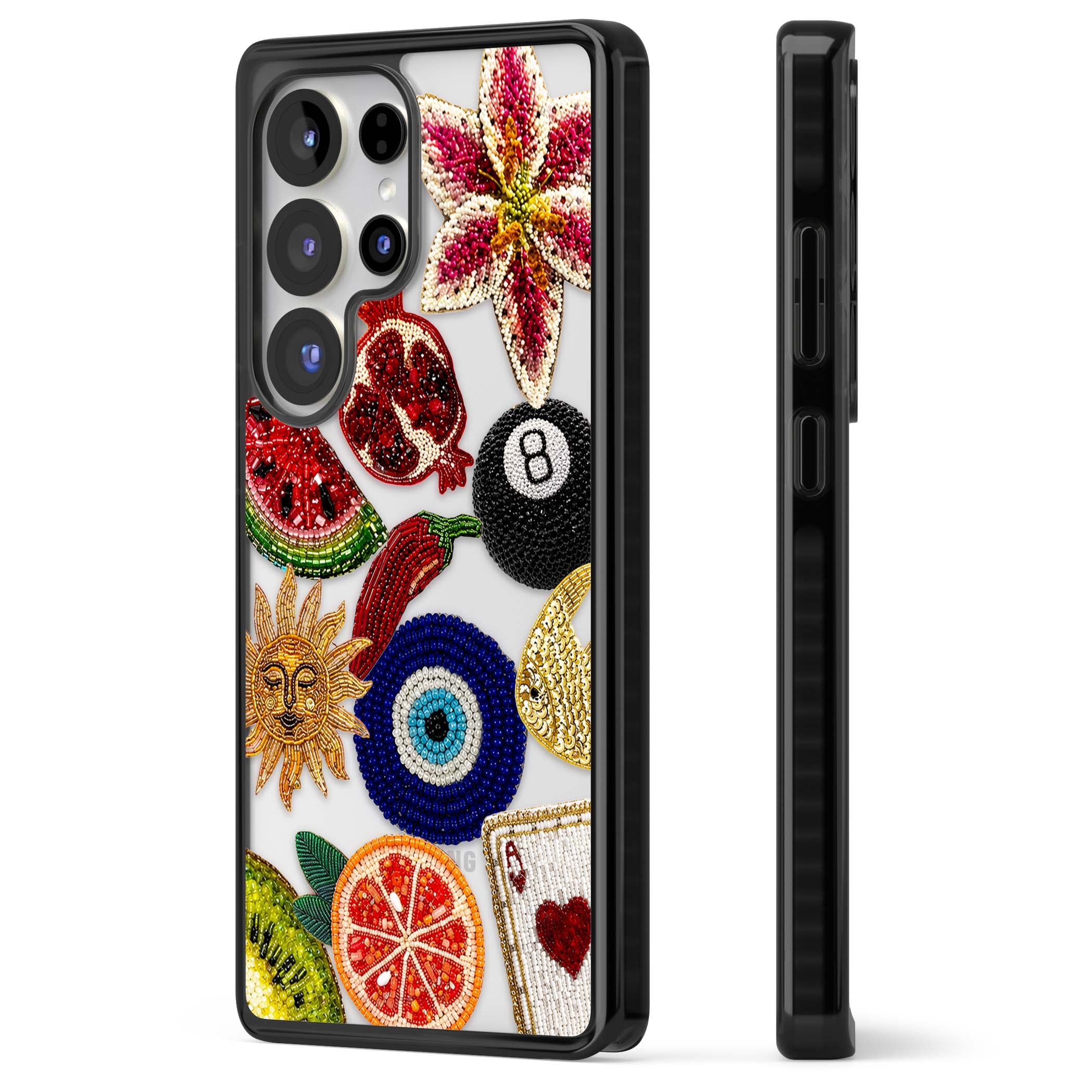 Beaded Charms embroidery iPhone case featuring beaded evil eye, fruit patches and a golden sun motif | Black Impact case for Samsung Galaxy S25 Ultra