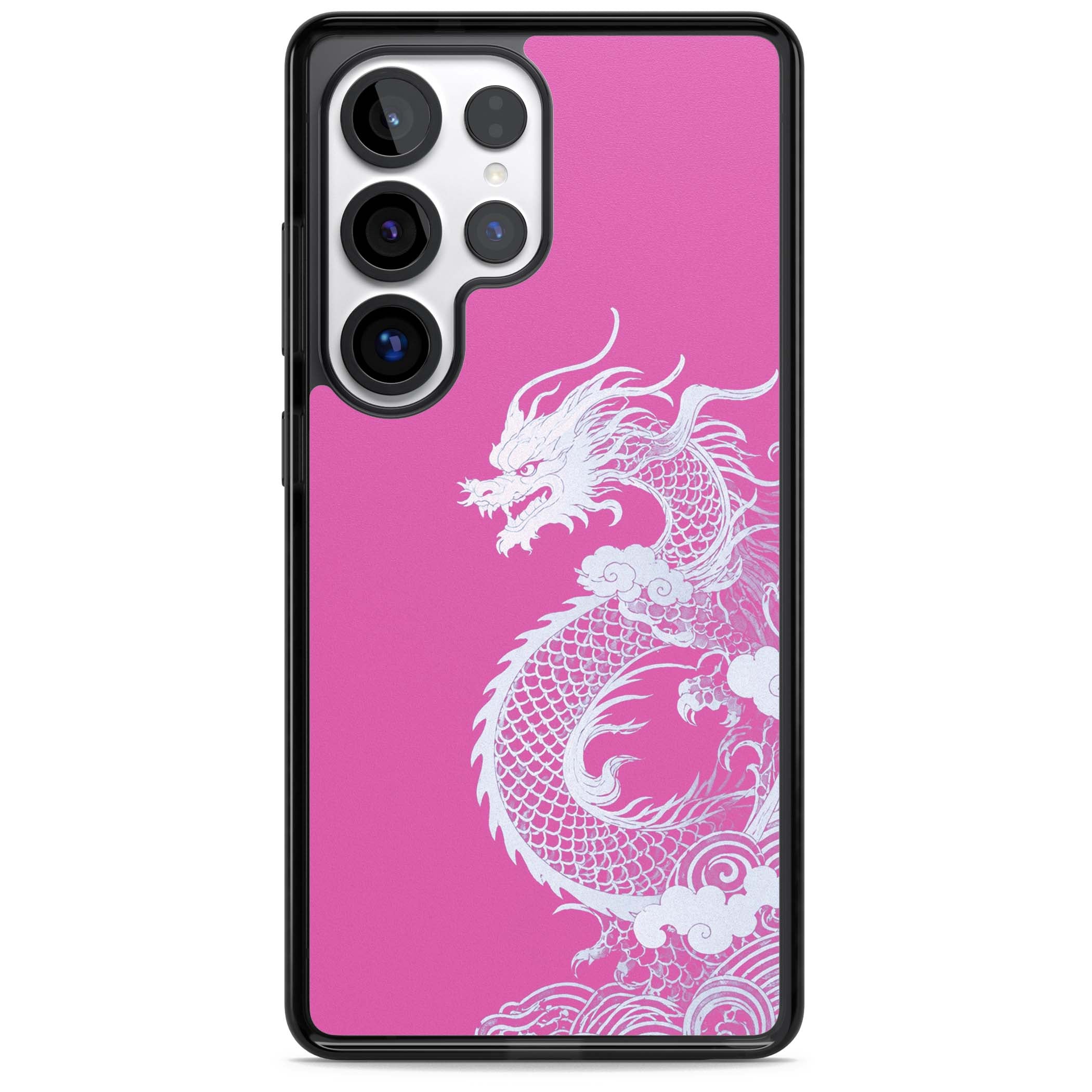 Pink Empress chinese dragon iPhone case featuring a white dragon, swirling clouds and pink dragon wallpaper backdrop | Black Impact case for Samsung Galaxy S25 Ultra